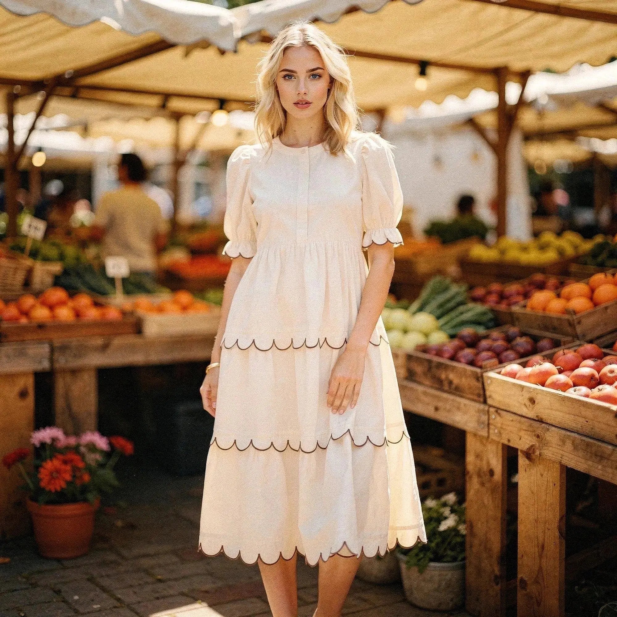Woman wearing cream A line midi dress with scalloped edges, standing in outdoor market surrounded