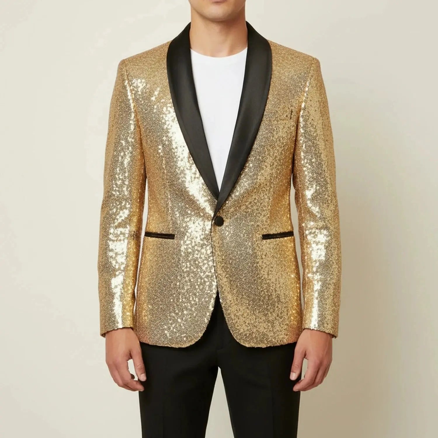 View of a dazzling slim evening blazer in deep navy blue, featuring a sleek silhouette and subtle sheen