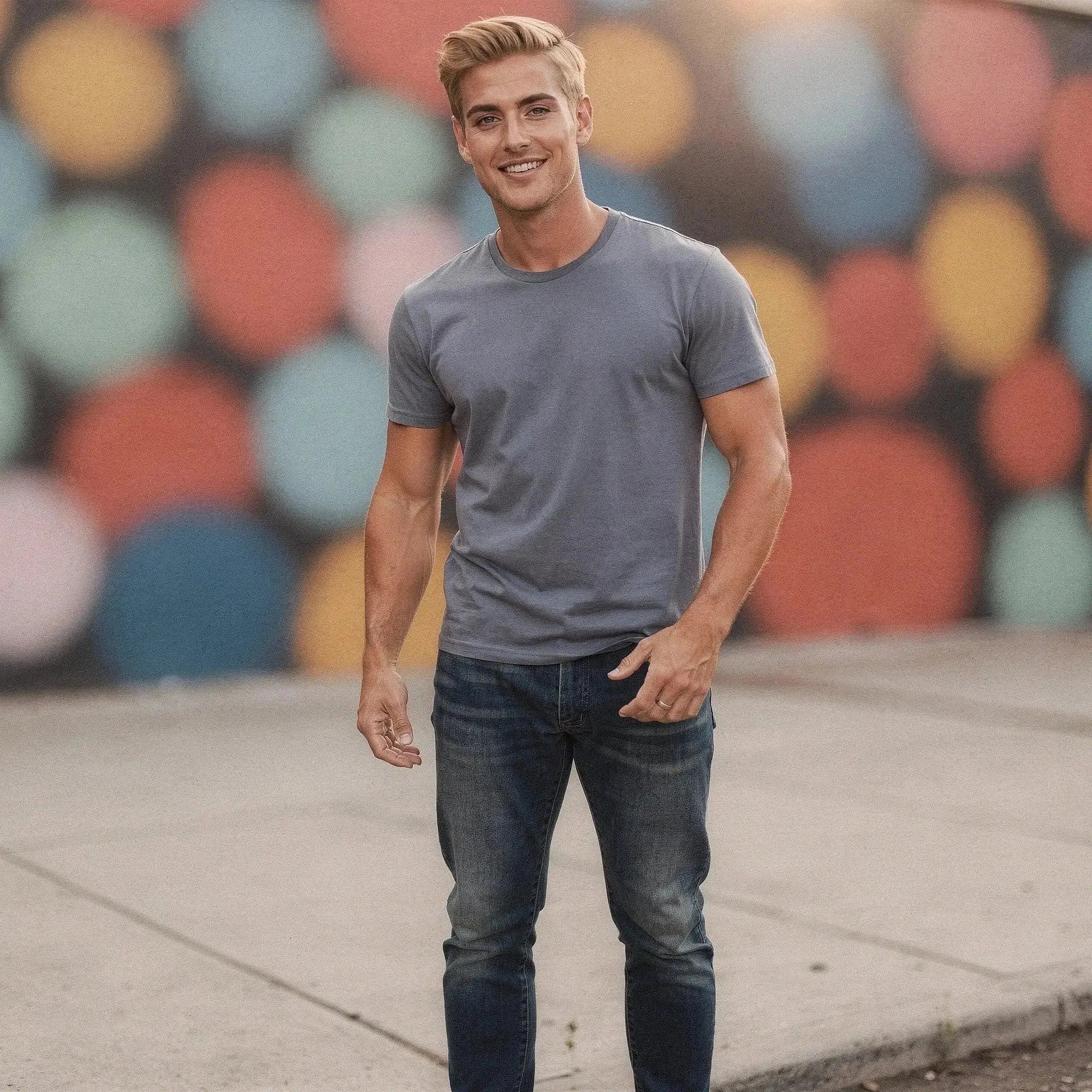 Man wearing blue jeans and a gray t shirt stands outdoors, colorful bokeh background, smiling