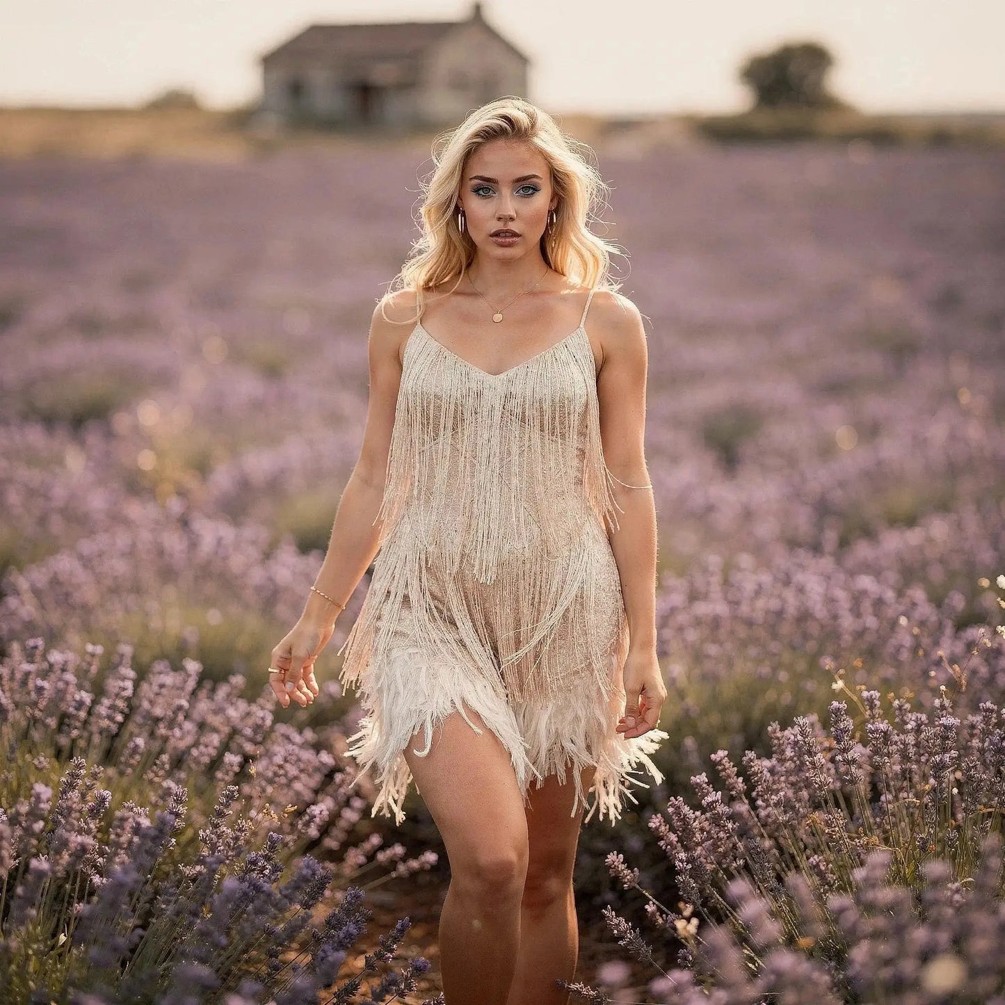 Woman wearing a beige fringe dress, standing in a lavender field, walking towards the camera