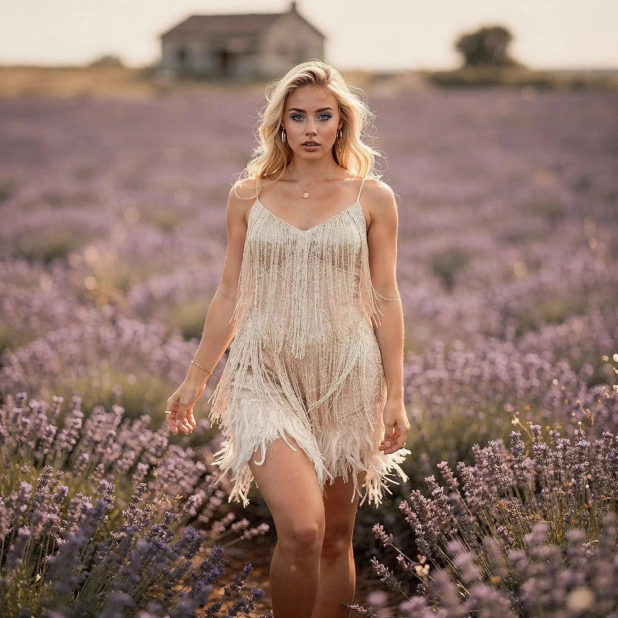 Woman wearing a beige fringe dress, standing in a lavender field, walking towards the camera