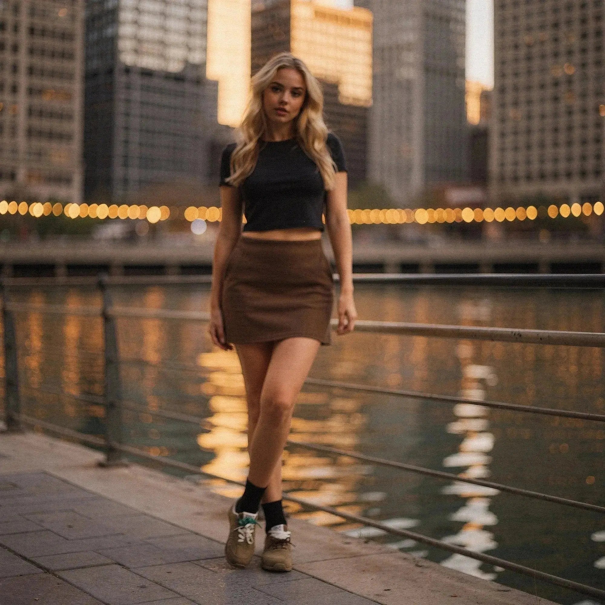 Woman wearing brown A line skirt with pockets, black crop top, standing cityscape background