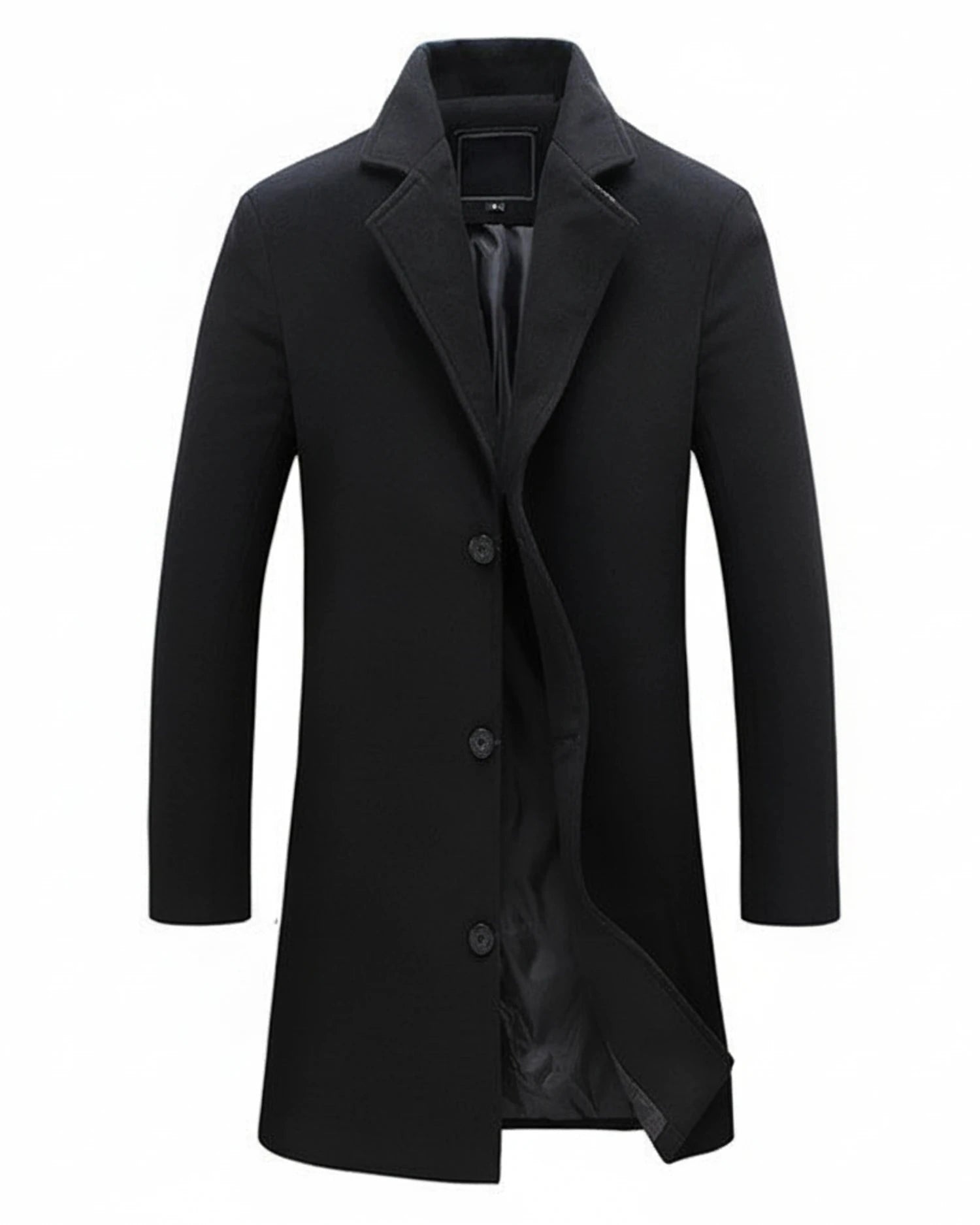 Classic formal overcoat in deep navy blue, featuring a tailored fit and sleek view with a button closure