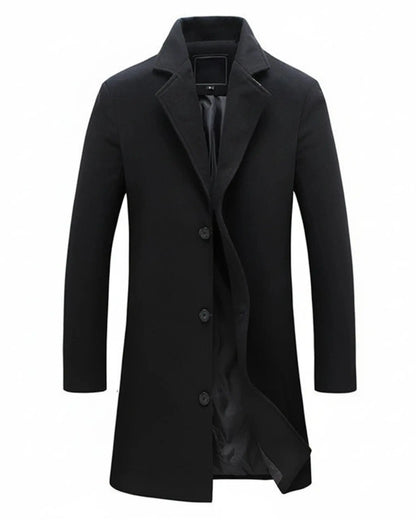 Classic formal overcoat in deep navy blue, featuring a tailored fit and sleek view with a button closure