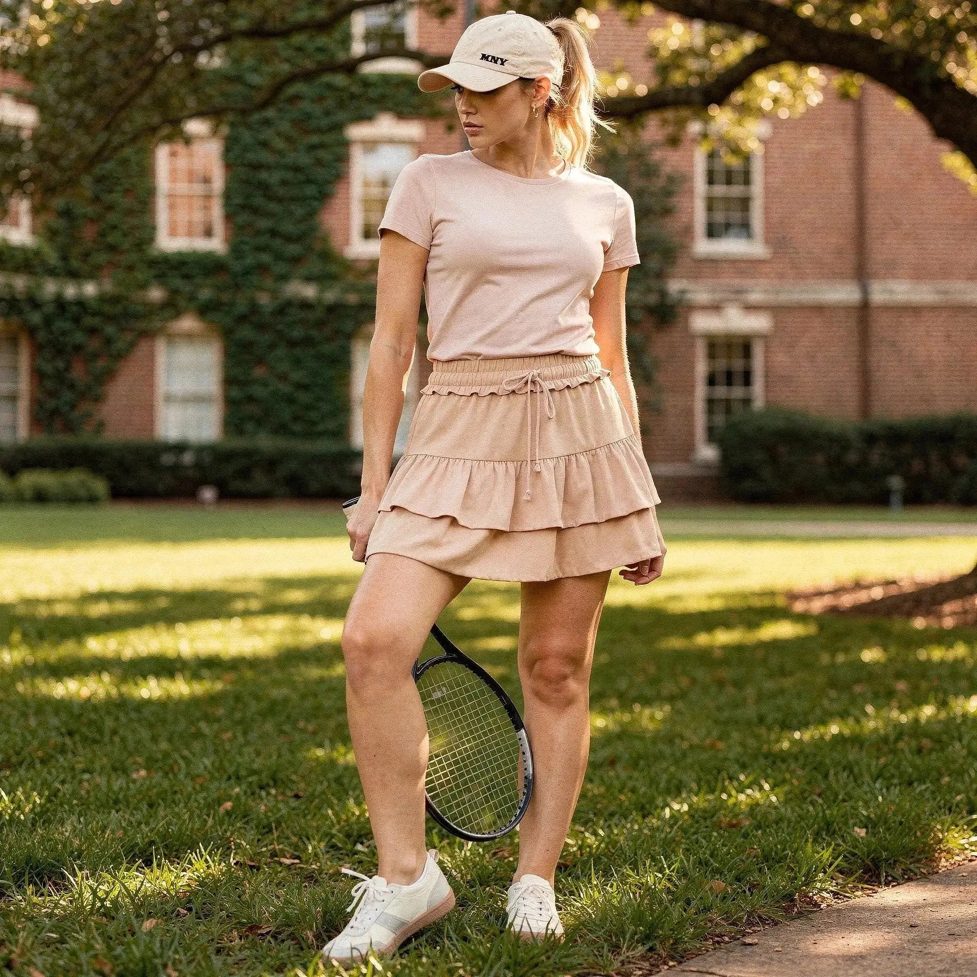Woman wearing beige ruffle mini skirt with shorts, holding tennis racket, standing on grassy lawn