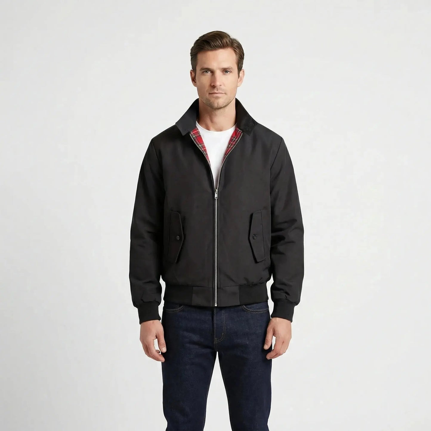 View of a classic winter jacket in deep navy, featuring a textured fabric, sleek silhouette, and subtle stitching accents