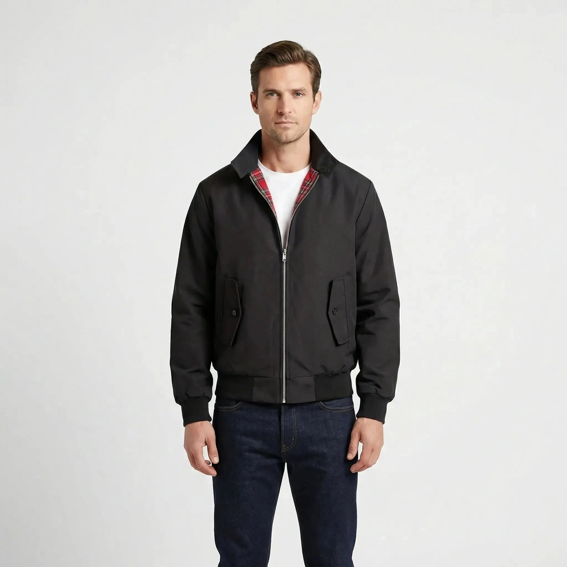 View of a classic winter jacket in deep navy, featuring a textured fabric, sleek silhouette, and subtle stitching accents