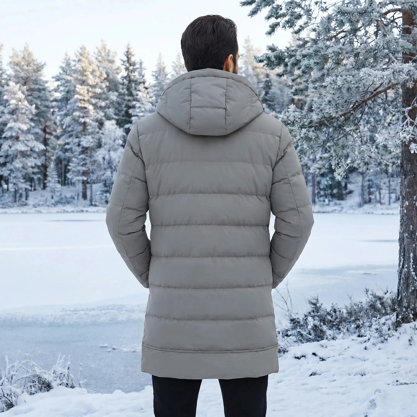 Close up view showing the intricate quilted fabric and precise stitching of the Men's Modern Longline Quilted Winter Jacket in a sleek black finish.
