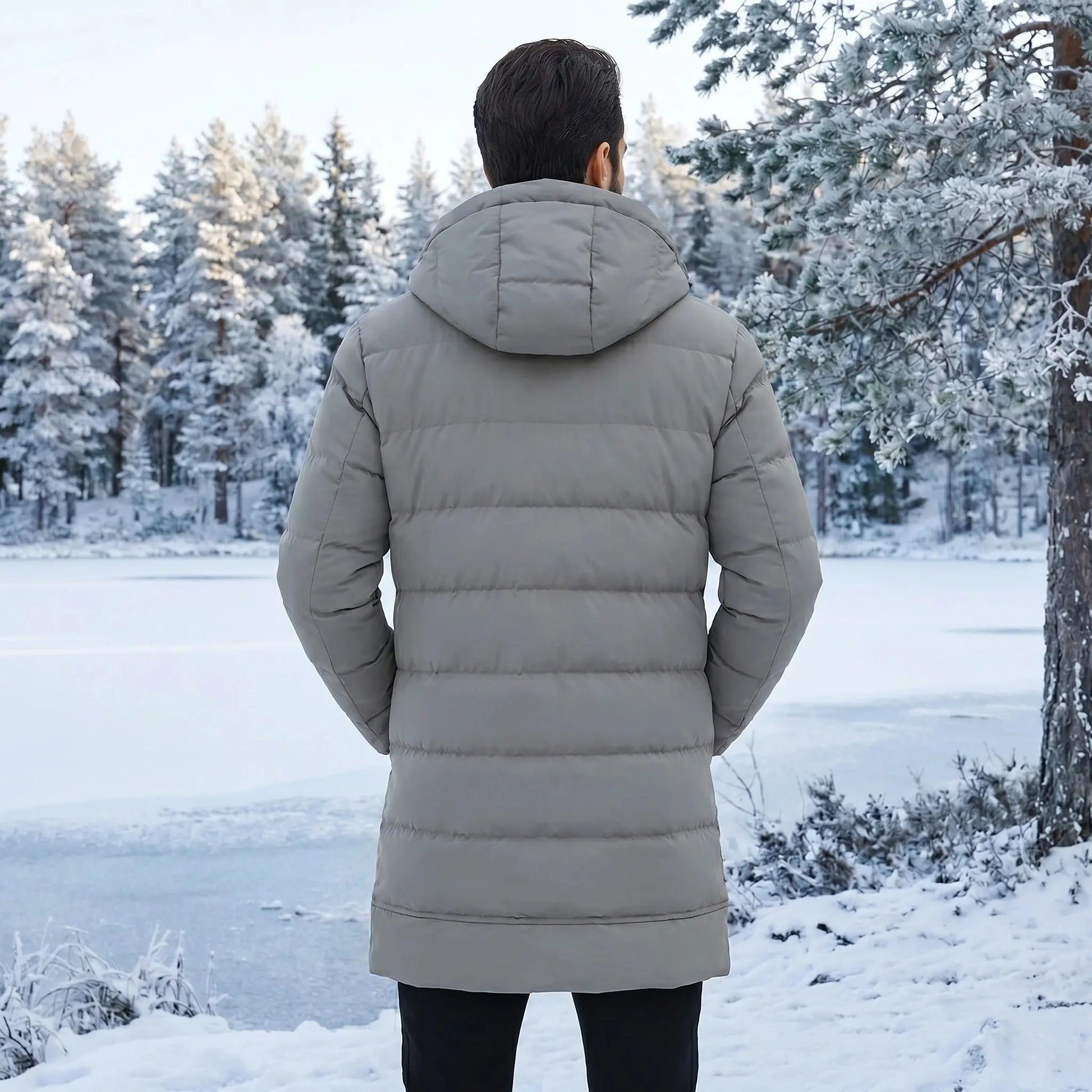 Close up view showing the intricate quilted fabric and precise stitching of the Men's Modern Longline Quilted Winter Jacket in a sleek black finish.
