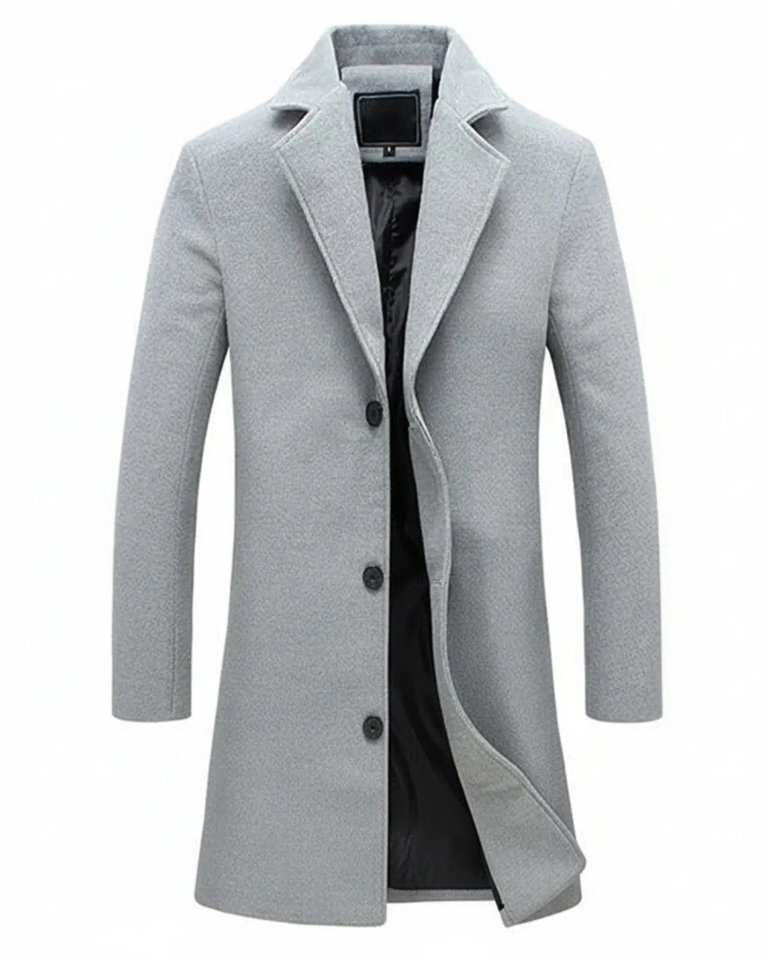 View of a classic formal overcoat in dark gray wool, featuring a tailored fit and notched lapels