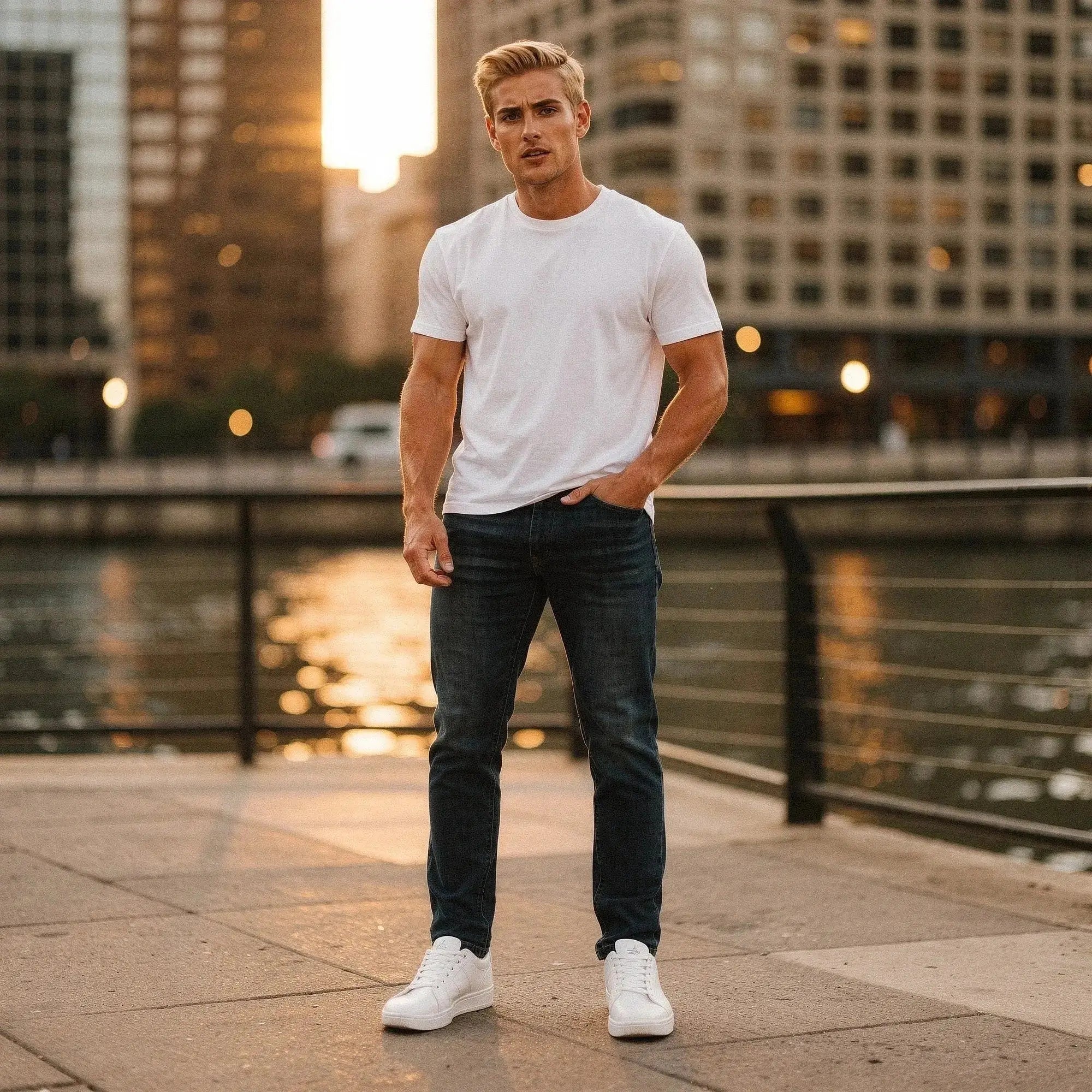 Man wearing blue jeans and white t shirt, standing outdoors with hands in pockets, cityscape background