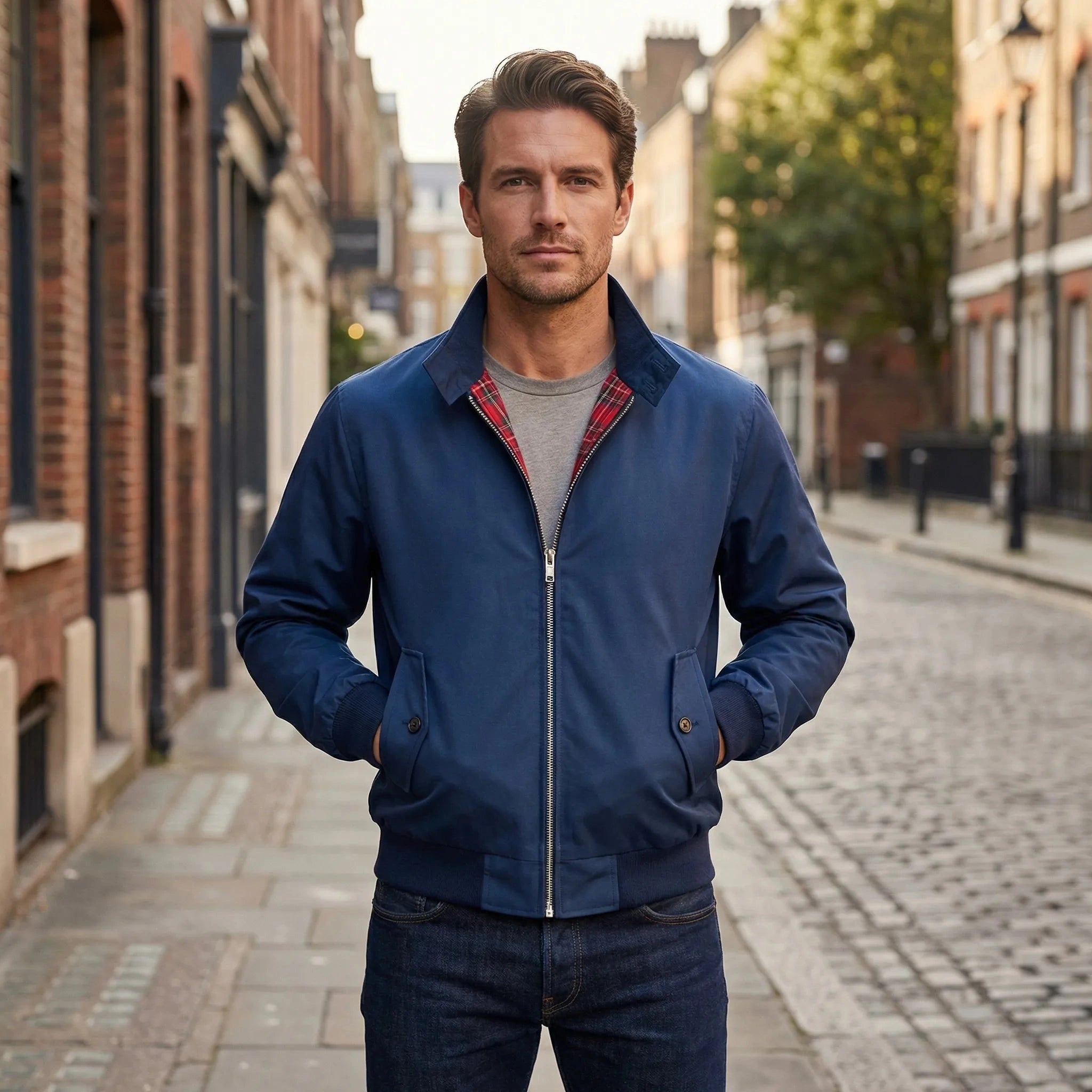 View of a timeless elegant winter jacket in deep navy, featuring a tailored fit, button closure, and warm fabric