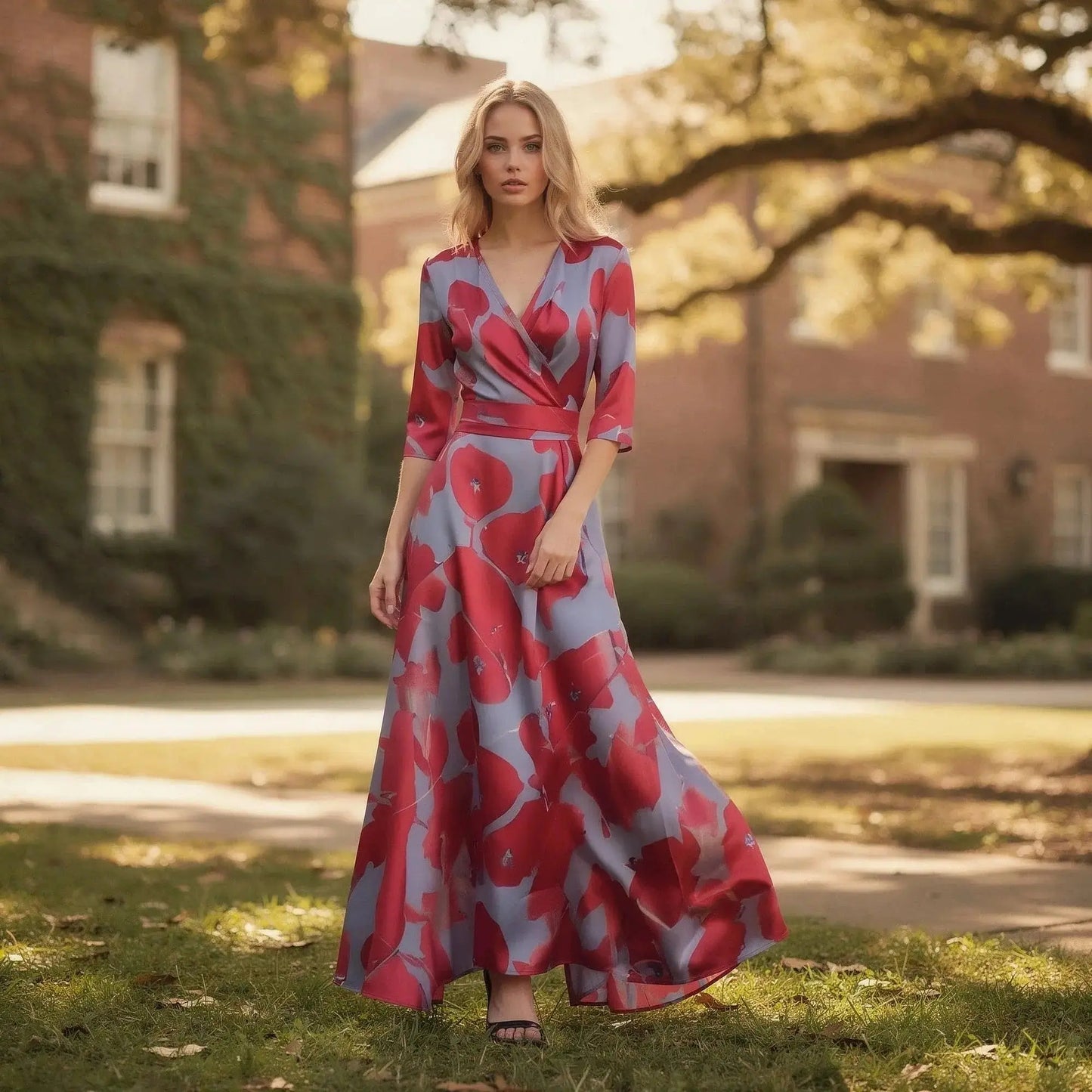 Woman wearing a flowy V neck maxi dress with red and blue abstract patterns, standing outdoors