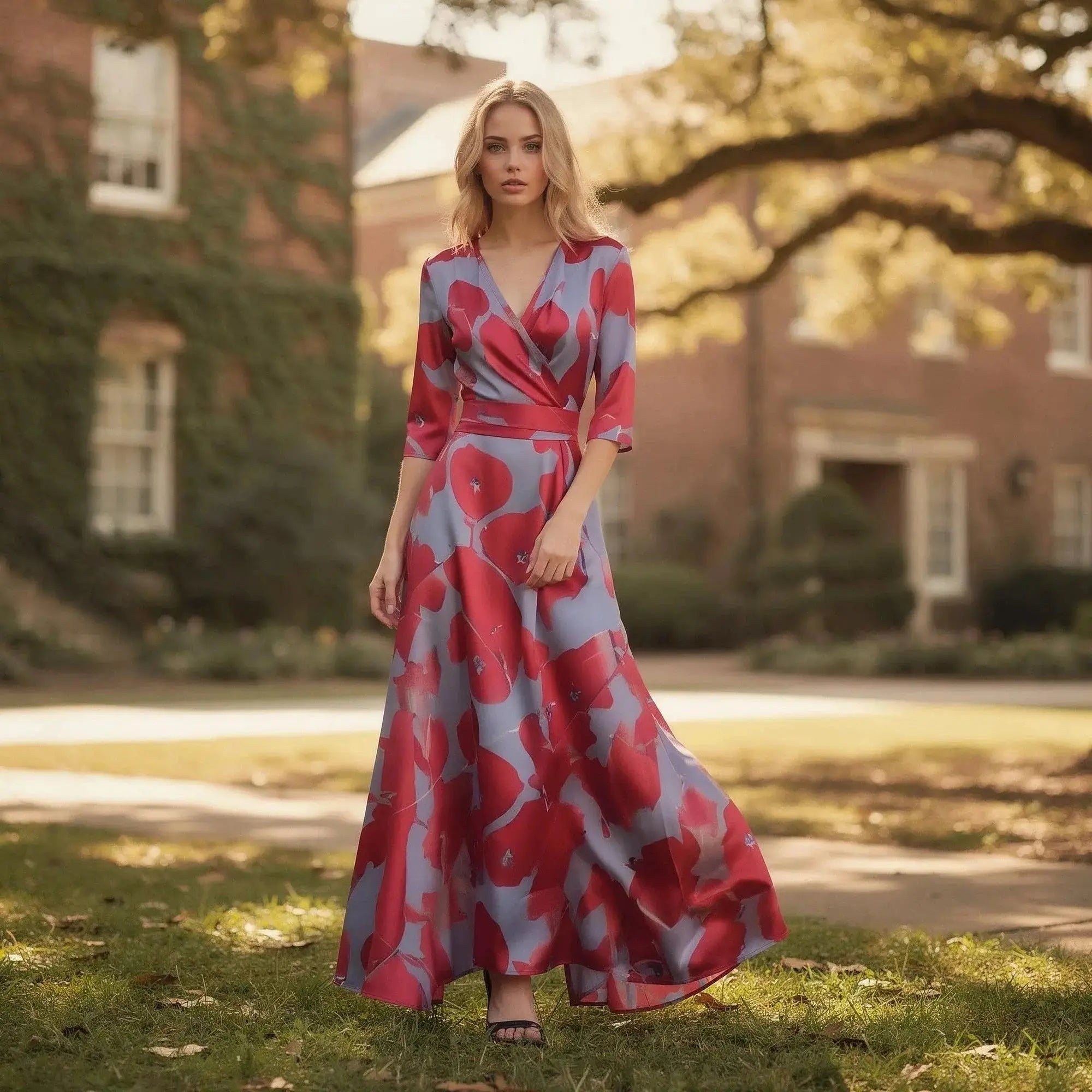 Woman wearing a flowy V neck maxi dress with red and blue abstract patterns, standing outdoors