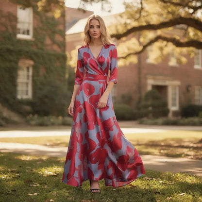 Woman wearing a flowy V neck maxi dress with red and blue abstract patterns, standing outdoors