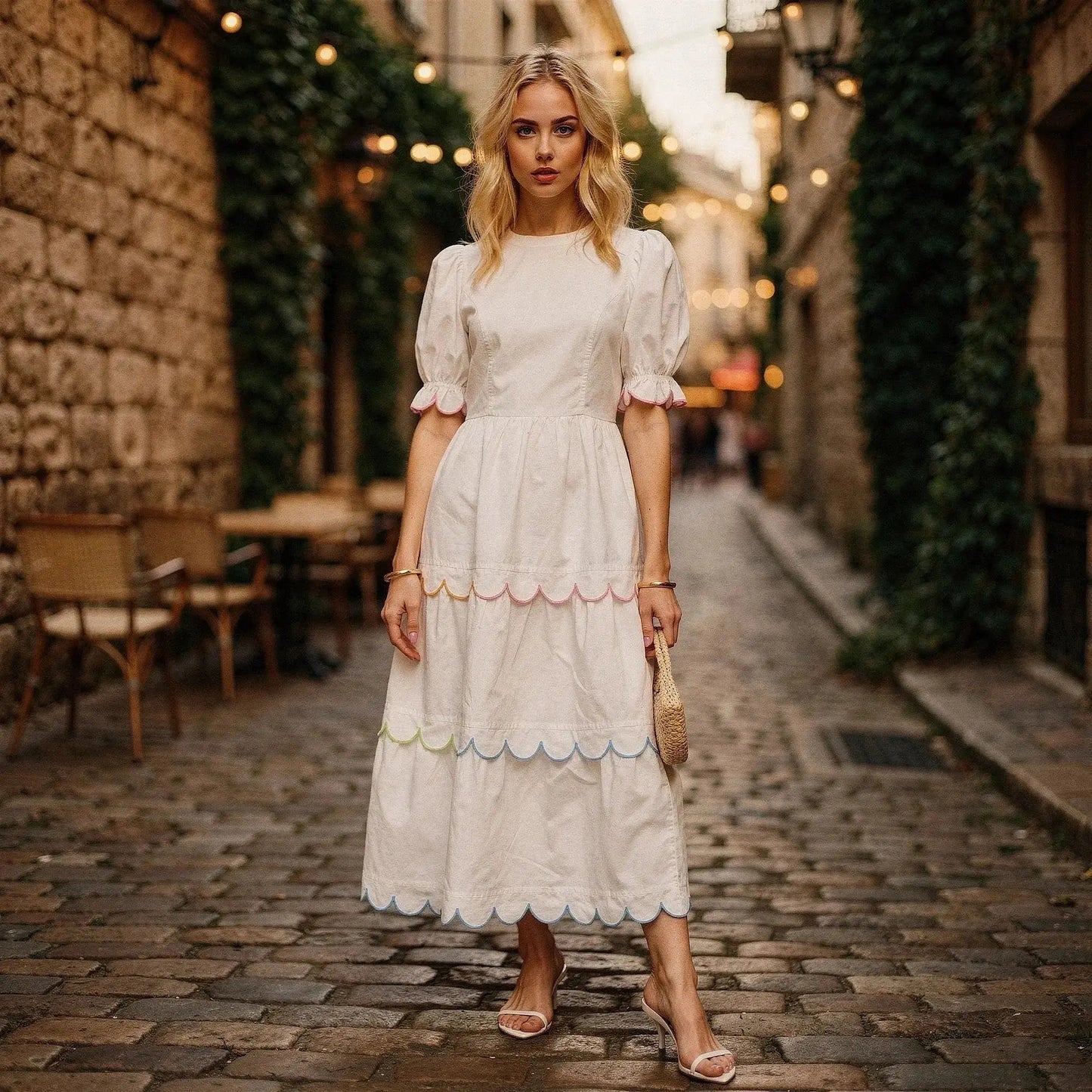 Woman wearing white A line midi dress with colorful scalloped hem, standing in cobblestone street