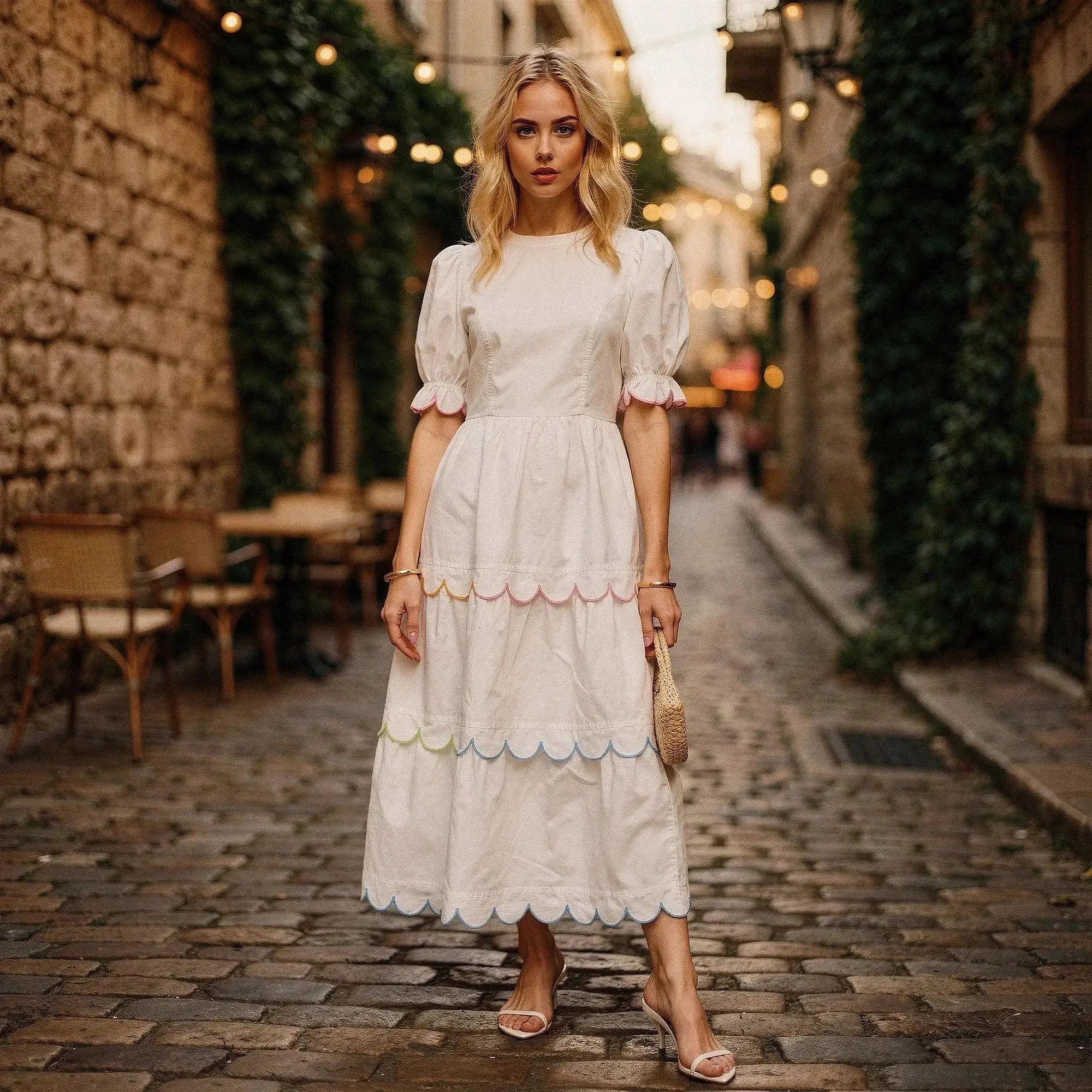 Woman wearing white A line midi dress with colorful scalloped hem, standing in cobblestone street