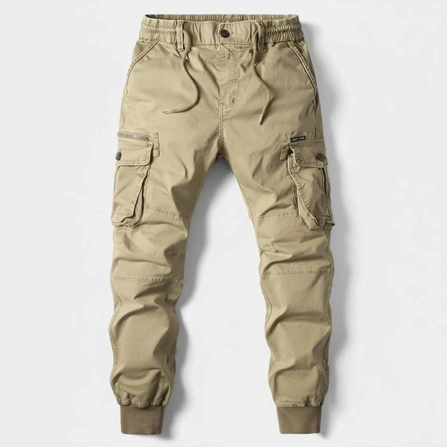 View of relaxed fit summer cargo jogger pants in olive green, featuring multiple pockets and a comfortable waistband