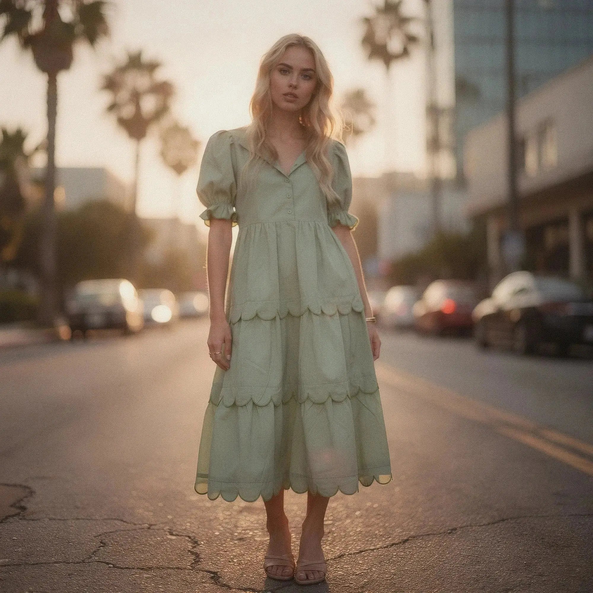 Woman wearing a light green A line midi dress with puff sleeves and scalloped hem, standing outdoors
