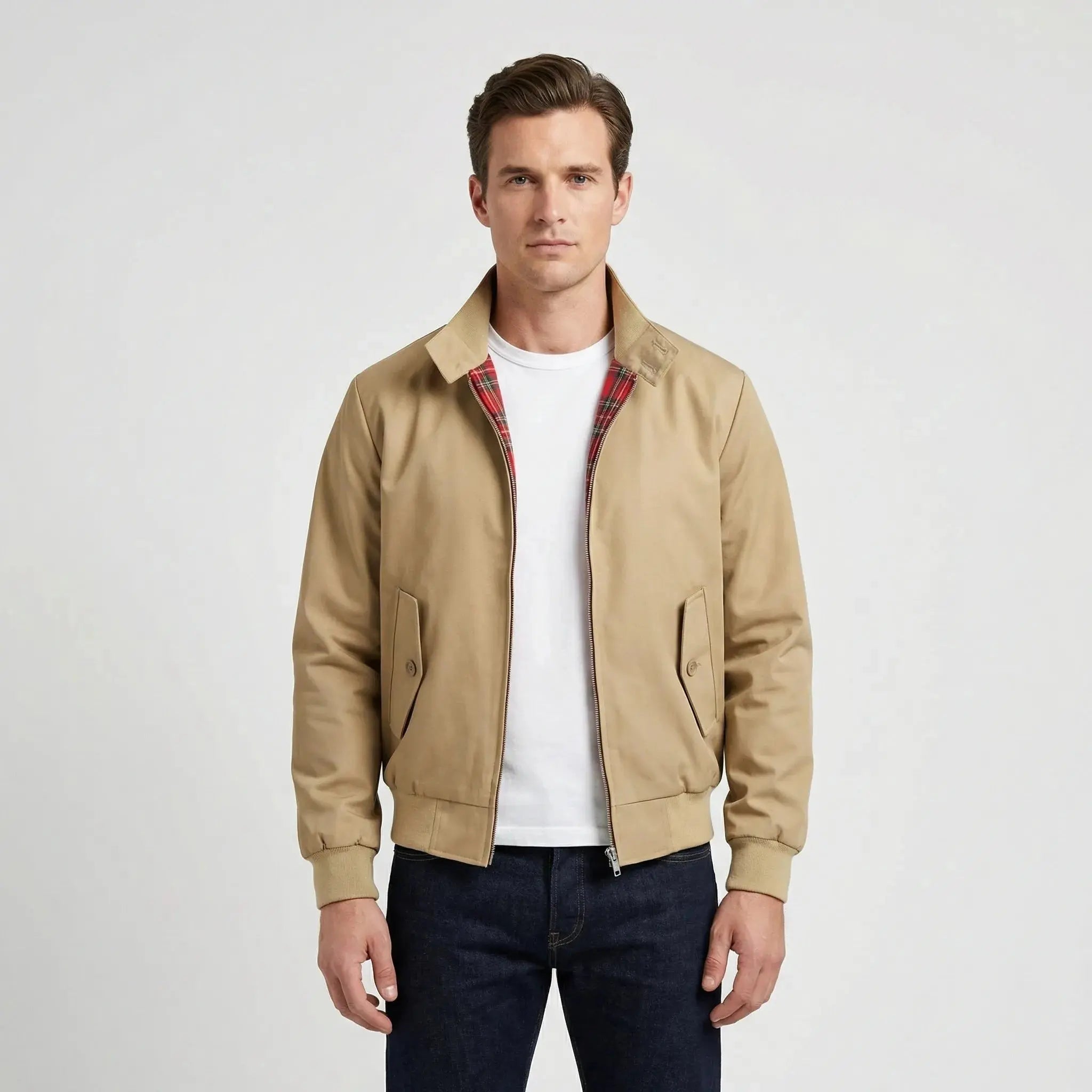 View of a dark gray winter jacket featuring a high collar, buttoned , and textured fabric