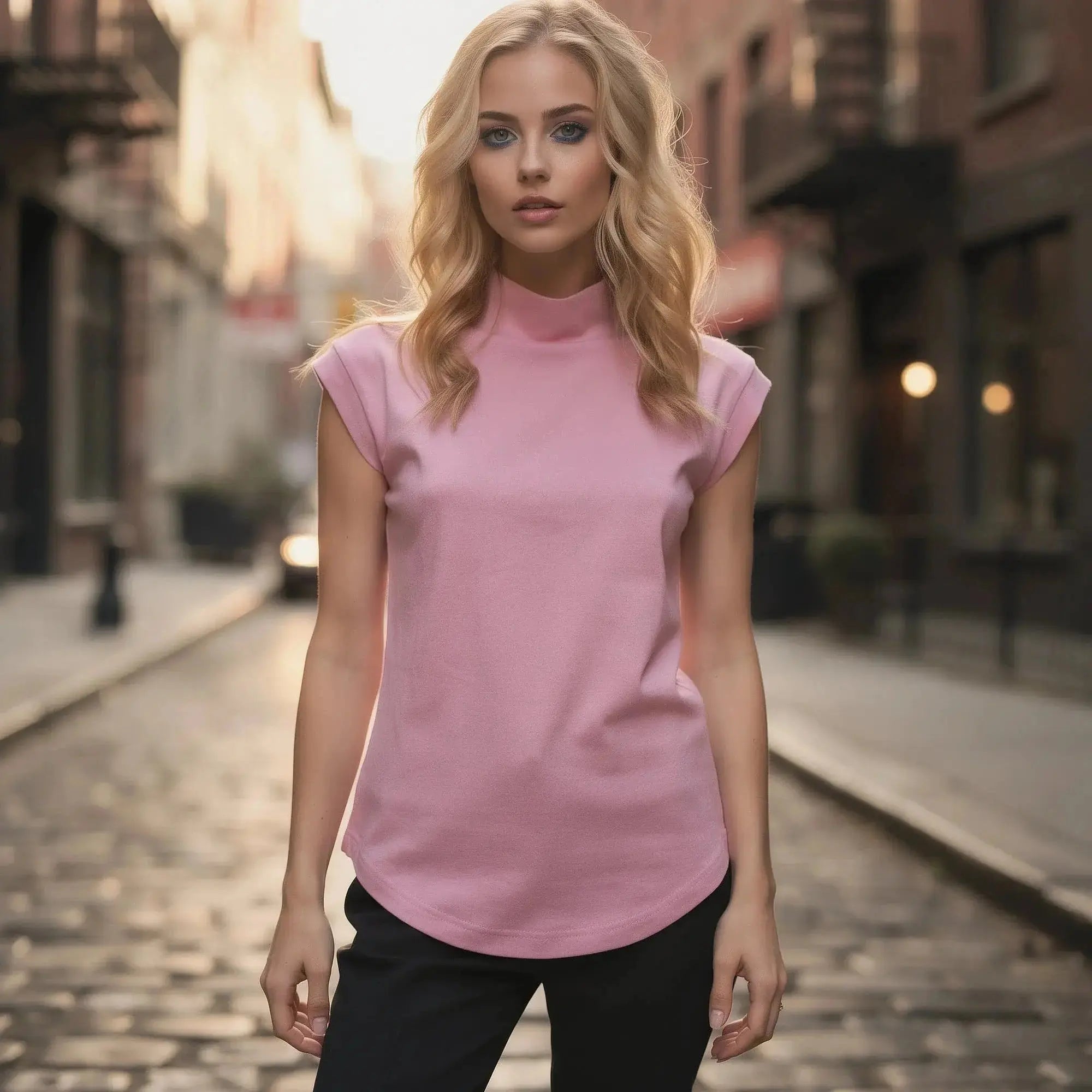 Blonde woman wearing a pink sleeveless turtleneck top, standing on a cobblestone street, facing forward