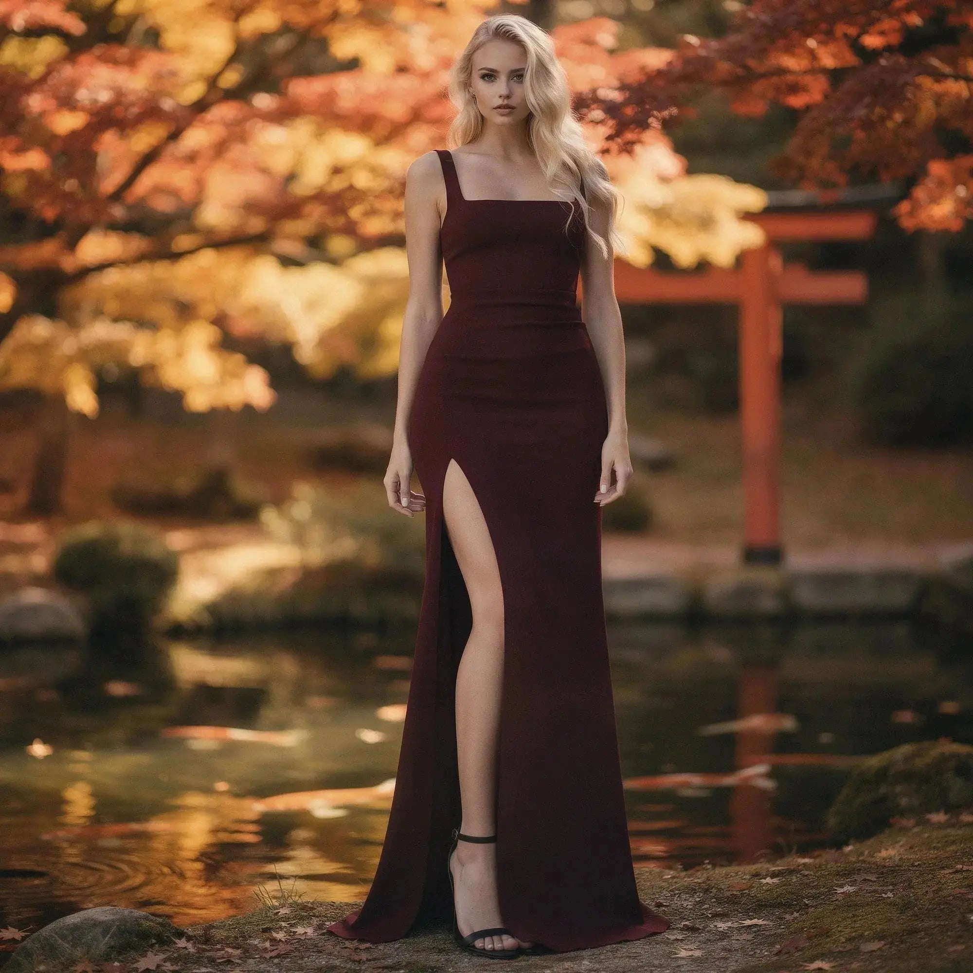 Woman wearing burgundy fitted maxi dress with high slit, standing outdoors, autumn foliage background