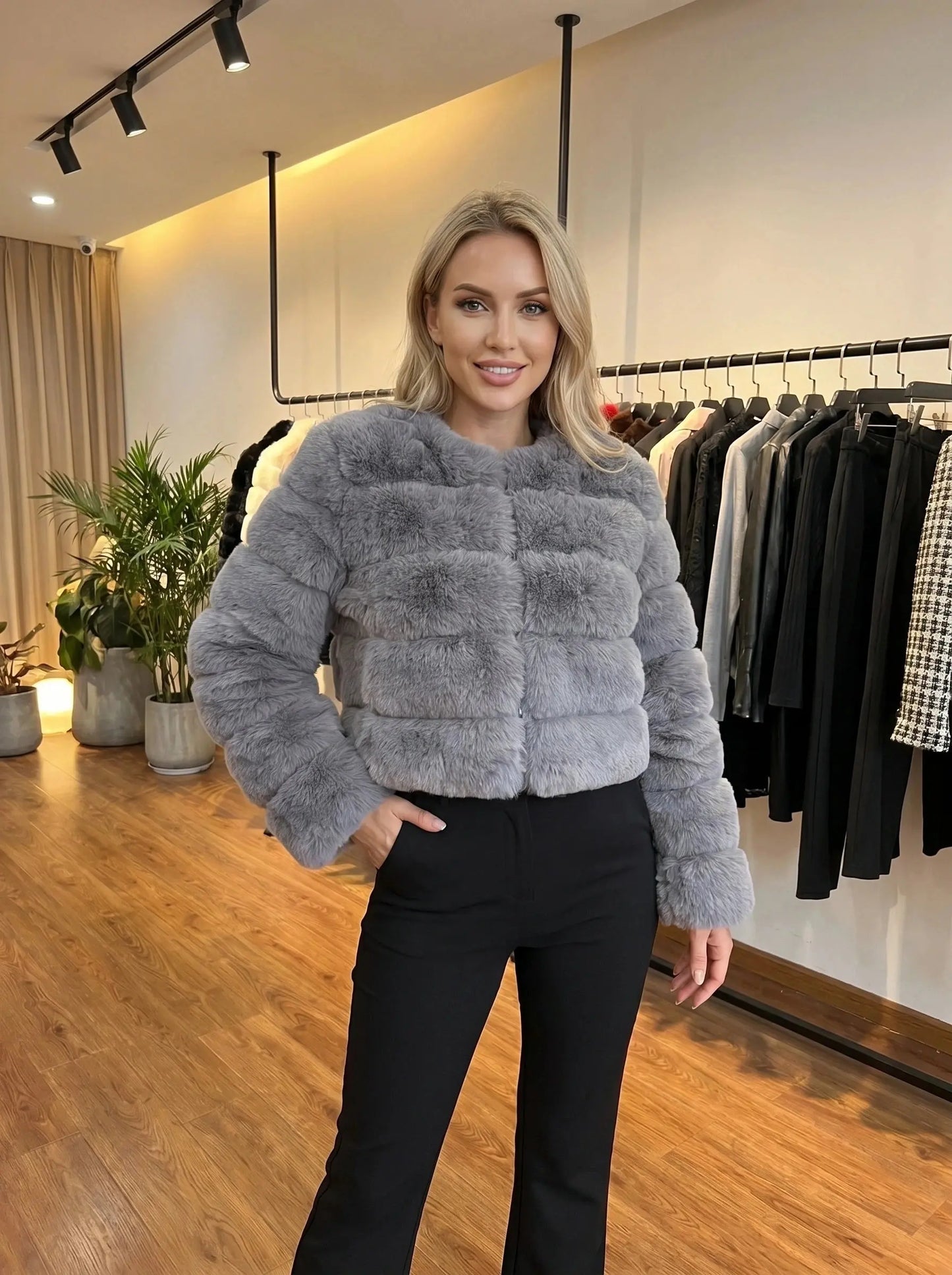 View of a luxurious fluffy autumn coat in soft beige, featuring a high collar and textured fabric