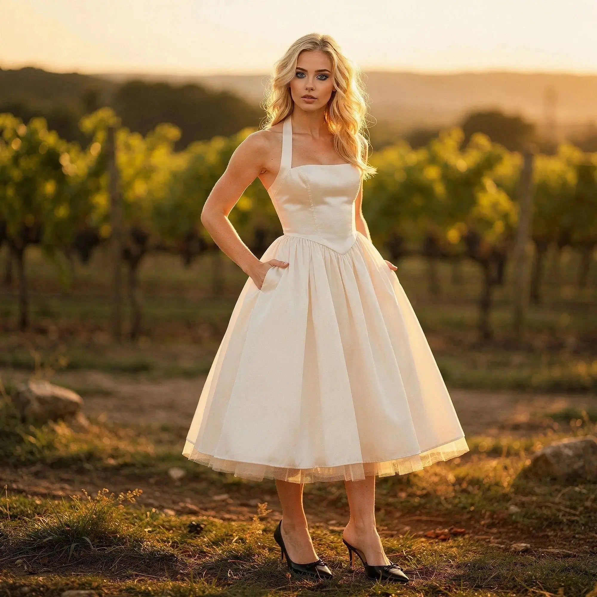 Woman wearing a cream halter neck midi dress standing outdoors with hands in pockets at sunset