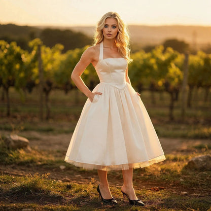 Woman wearing a cream halter neck midi dress standing outdoors with hands in pockets at sunset