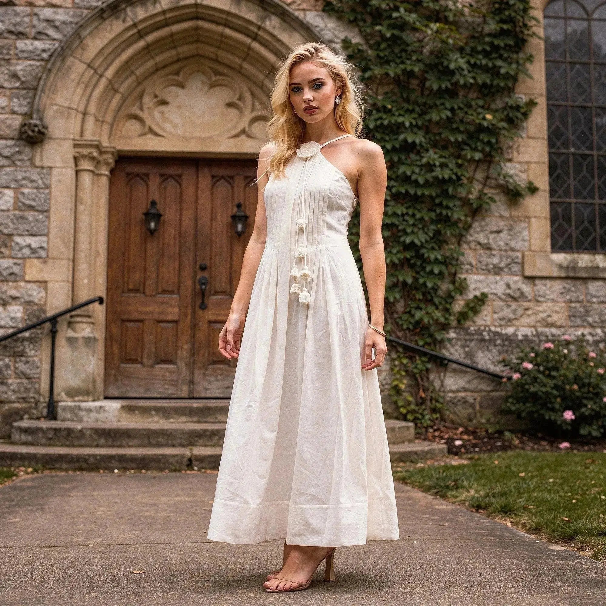 Woman wearing white halter maxi dress with tassel details stands in of stone building