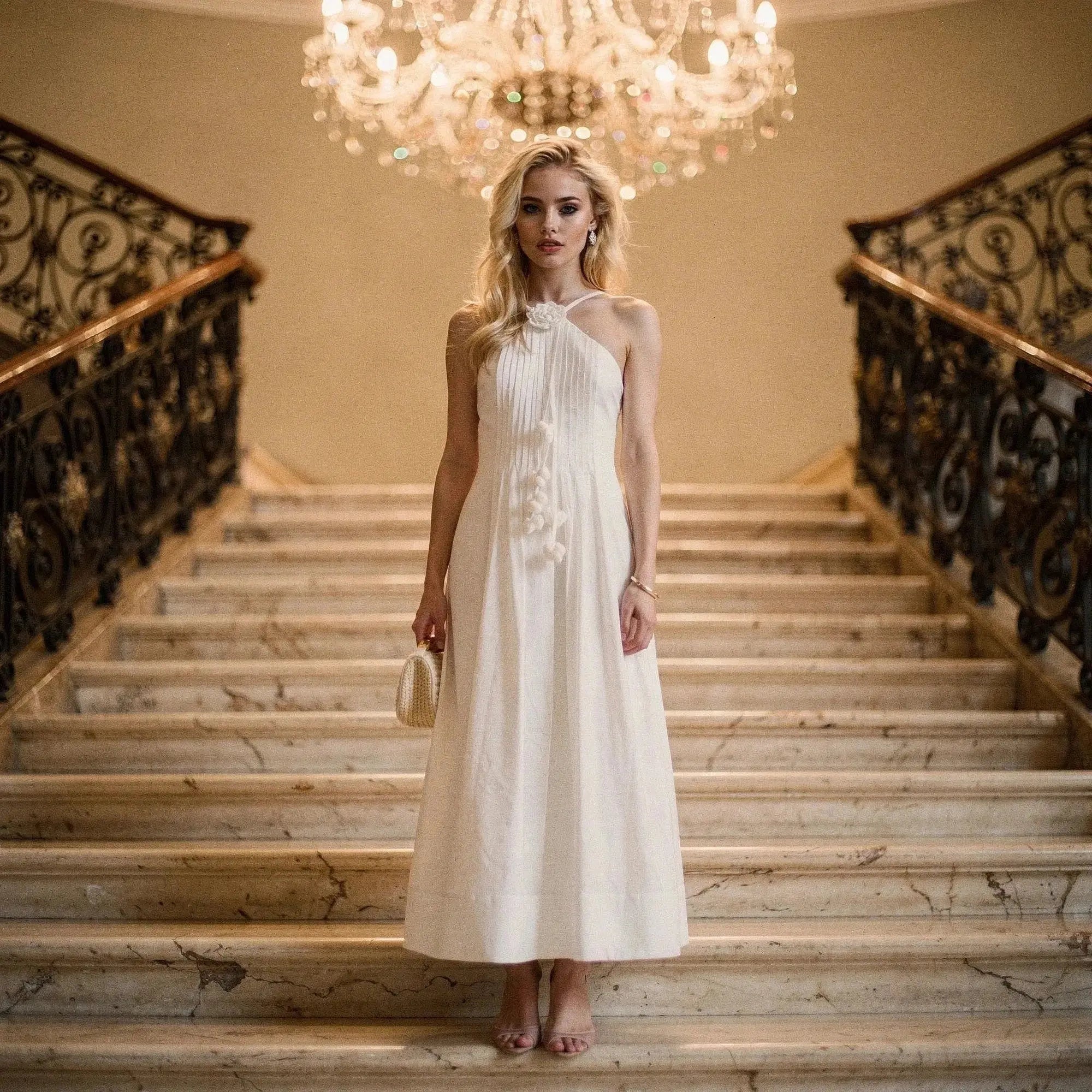 Woman wearing a white halter maxi dress stands on a grand staircase under a chandelier