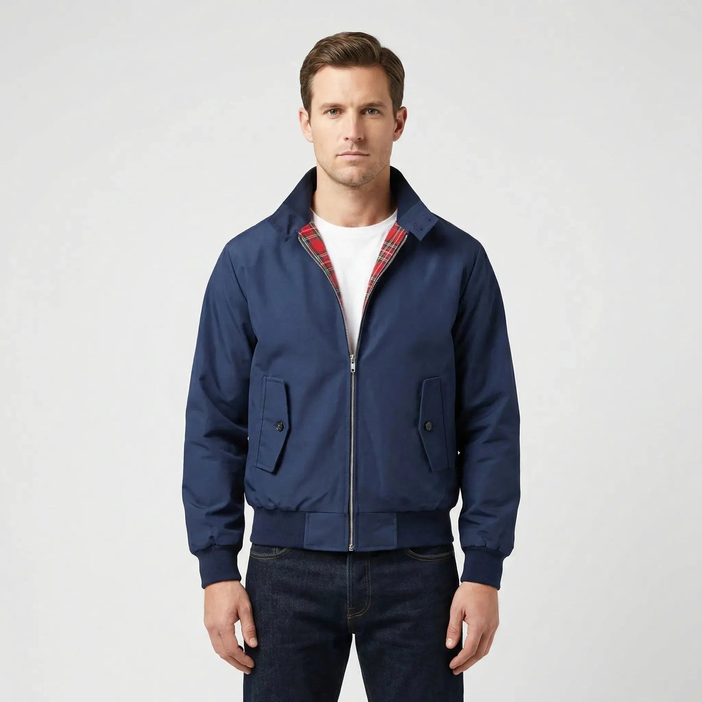 View of a tailored men's winter jacket in dark gray, featuring a classic collar and a sleek, minimalist design