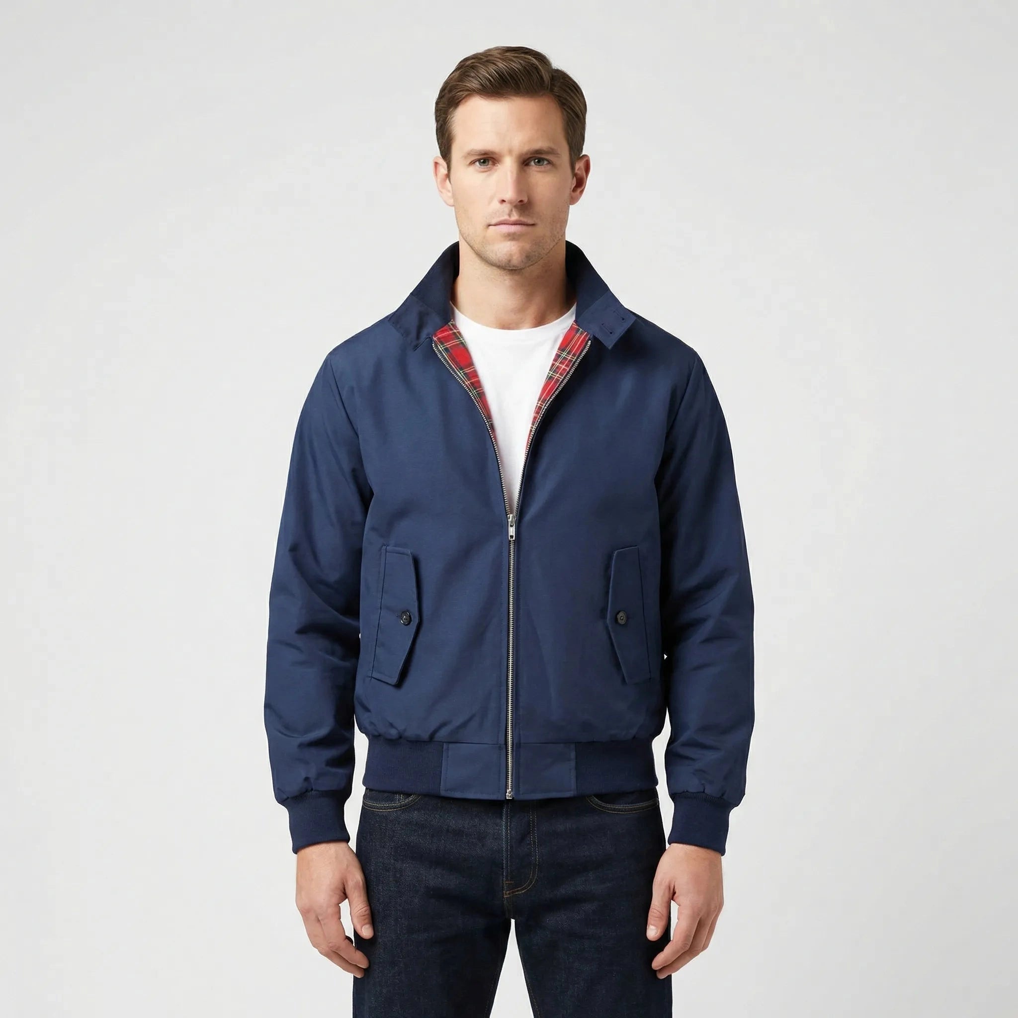 View of a tailored men's winter jacket in dark gray, featuring a classic collar and a sleek, minimalist design