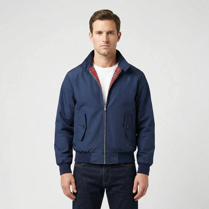 View of a tailored men's winter jacket in dark gray, featuring a classic collar and a sleek, minimalist design