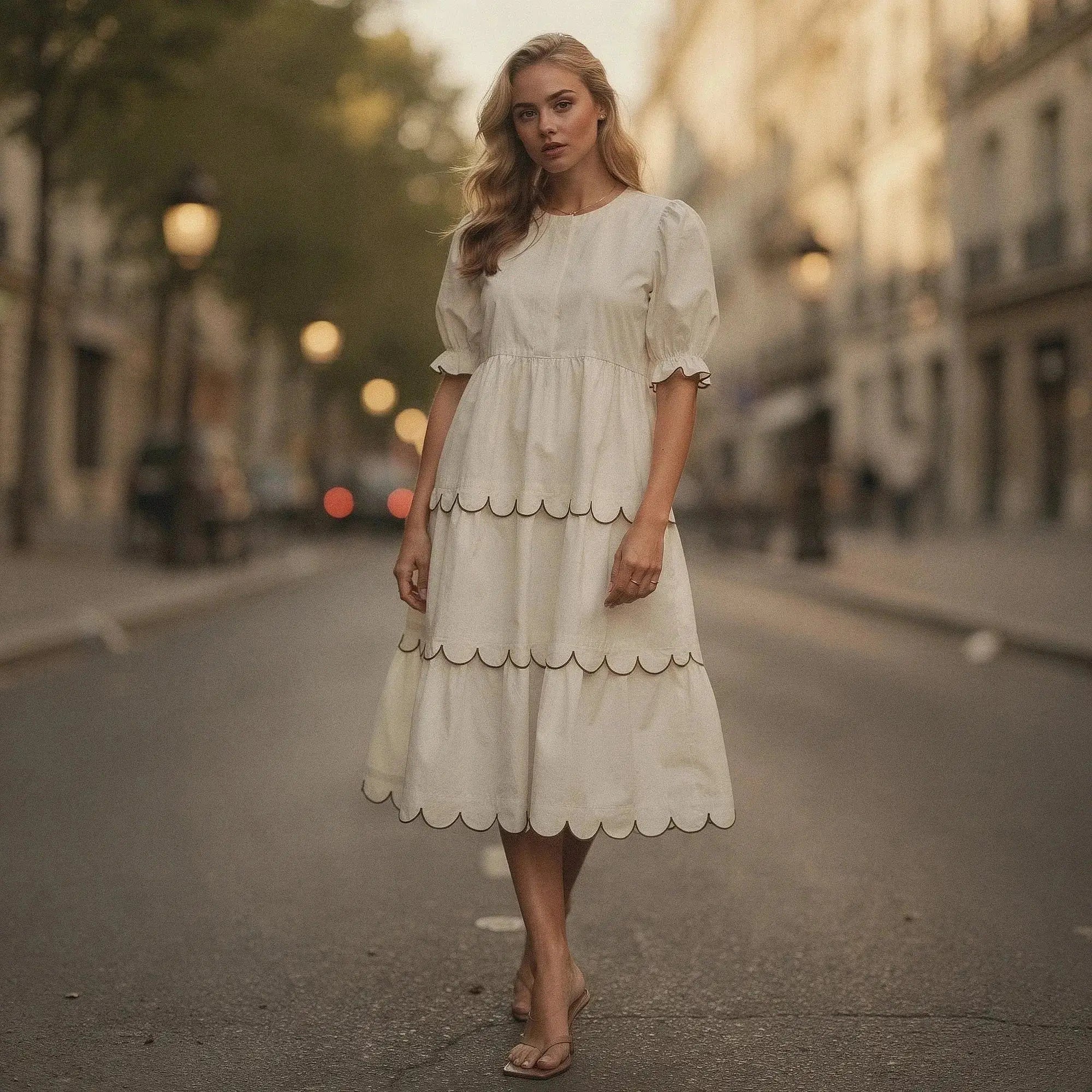 Woman wearing cream A line midi dress with scalloped hem, standing on a city street
