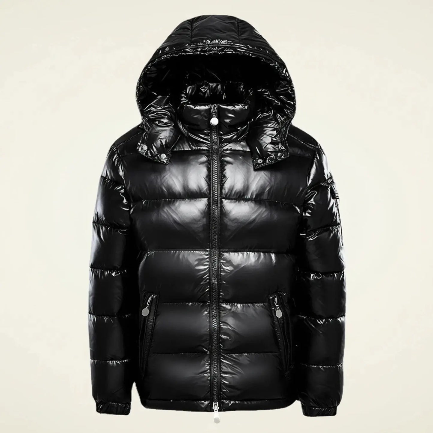 View of a stylish quilted winter puffer jacket in dark gray, featuring a high collar and zippered pockets