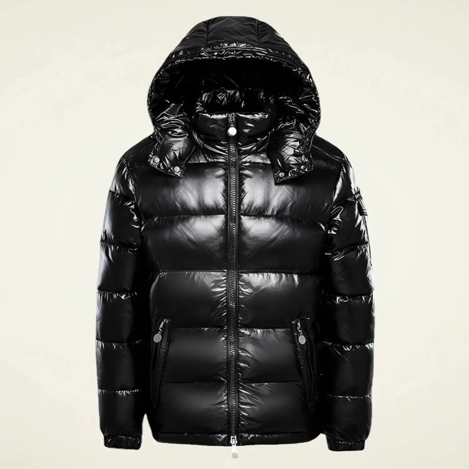 View of a stylish quilted winter puffer jacket in dark gray, featuring a high collar and zippered pockets