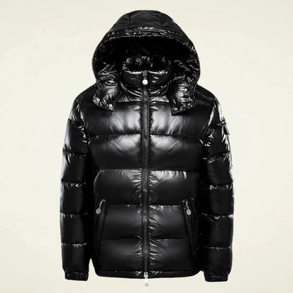 View of a stylish quilted winter puffer jacket in dark gray, featuring a high collar and zippered pockets