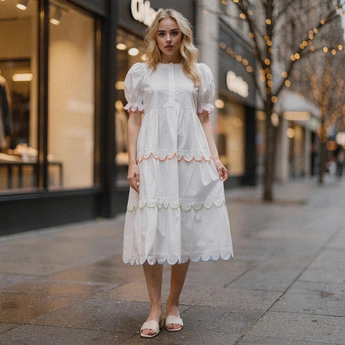 Woman wearing white A line midi dress with colorful scalloped tiers, standing on city street