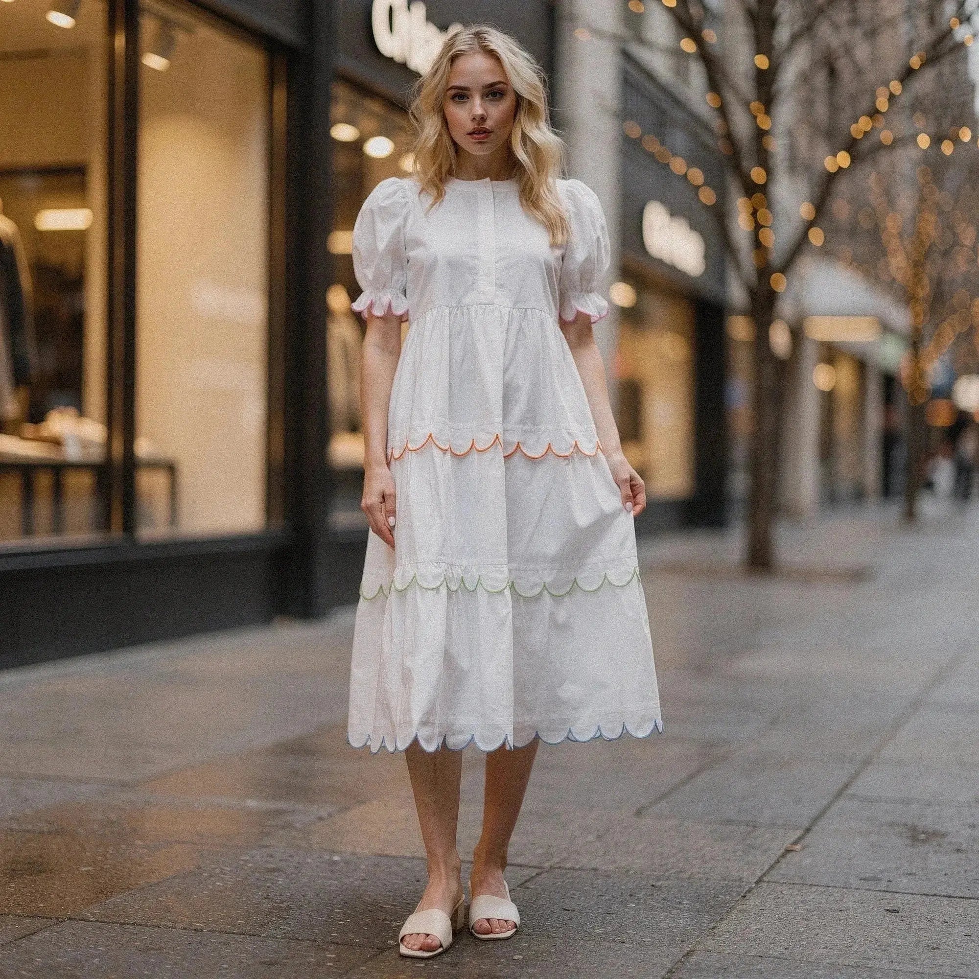 Woman wearing white A line midi dress with colorful scalloped tiers, standing on city street