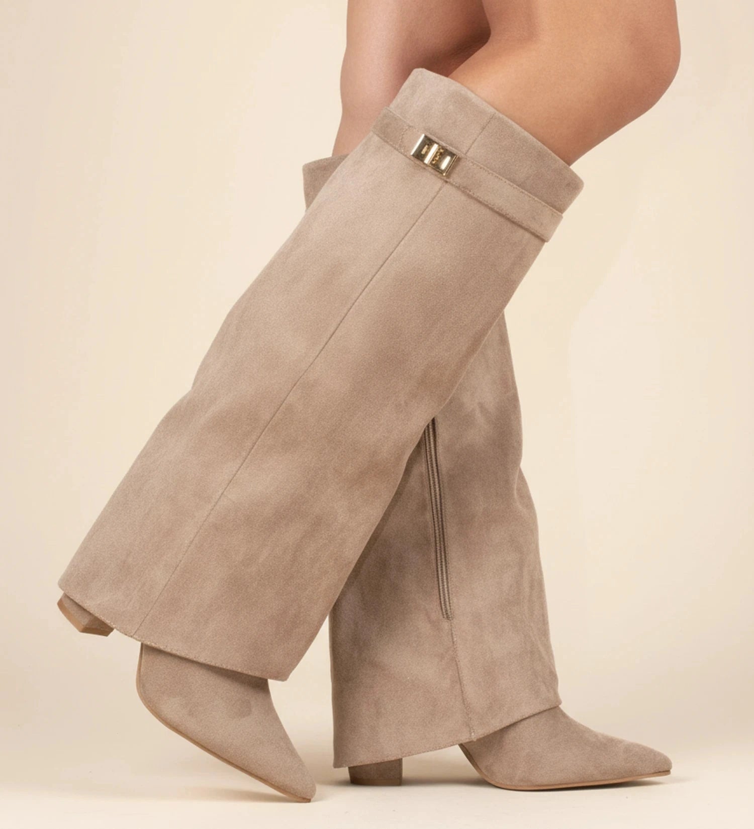 View of chic slouchy knee high boots in soft black suede with a relaxed fit and stylish fold over top