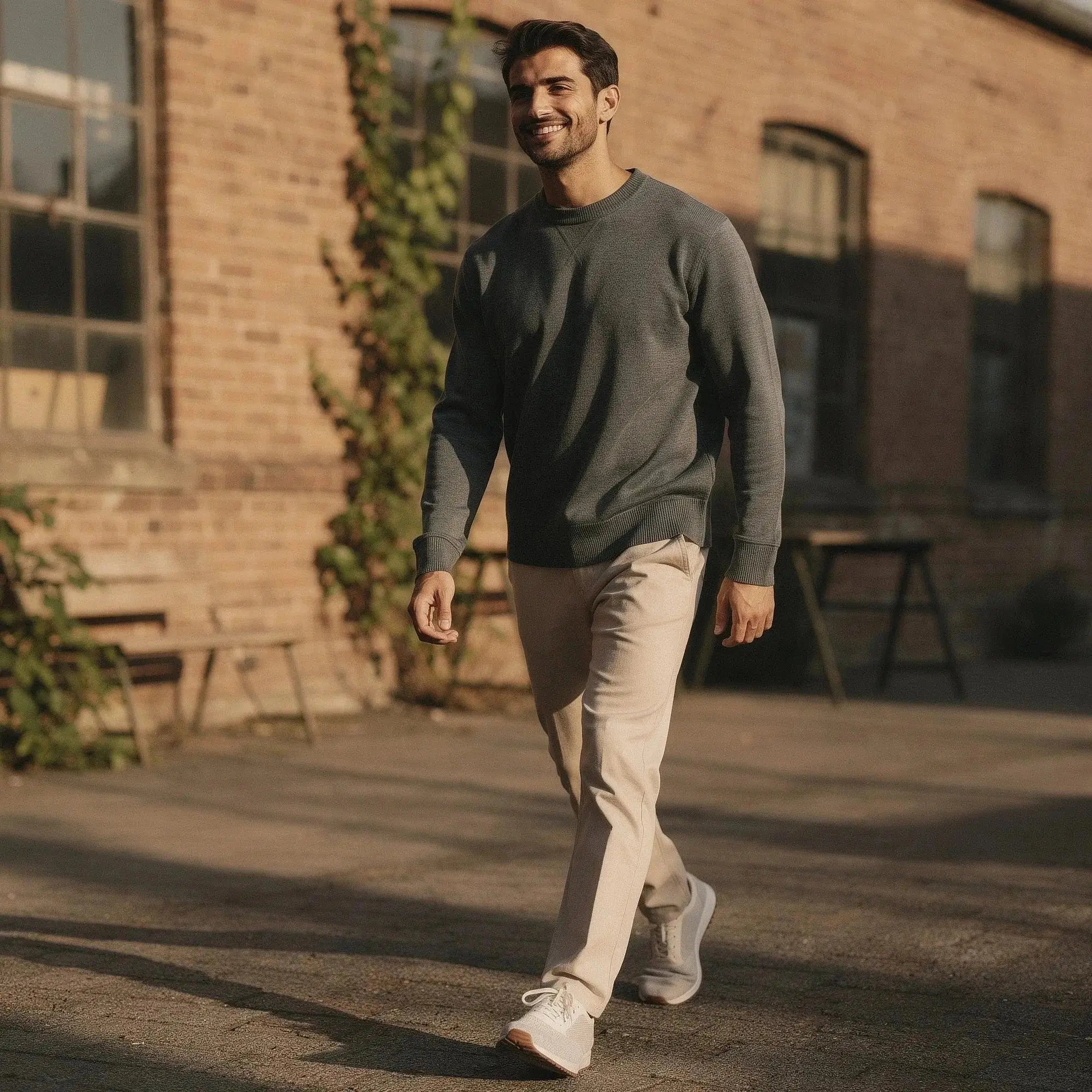 Man walking outdoors wearing a dark gray long sleeve sweatshirt and light beige pants, smiling