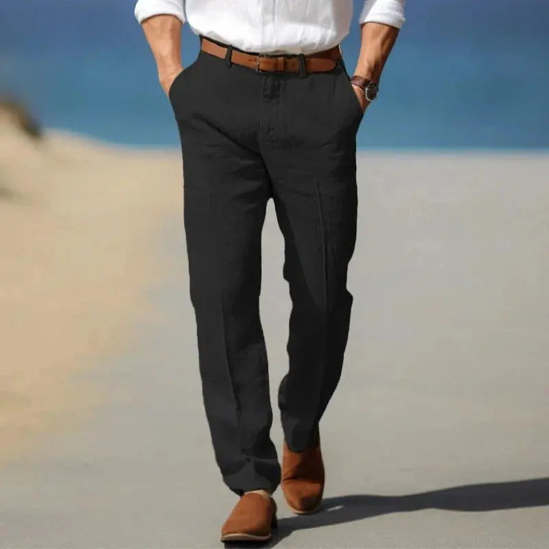 View of refined versatile dress pants in charcoal gray, featuring a smooth fabric and tailored fit