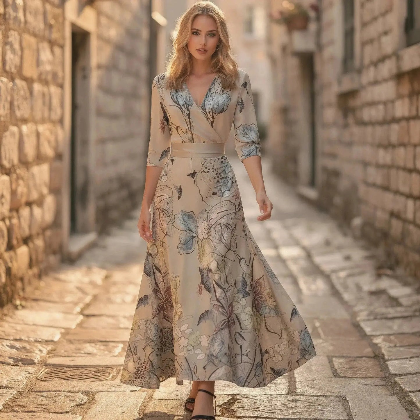 Woman wearing a flowy V neck maxi dress with floral pattern, walking down a cobblestone alley