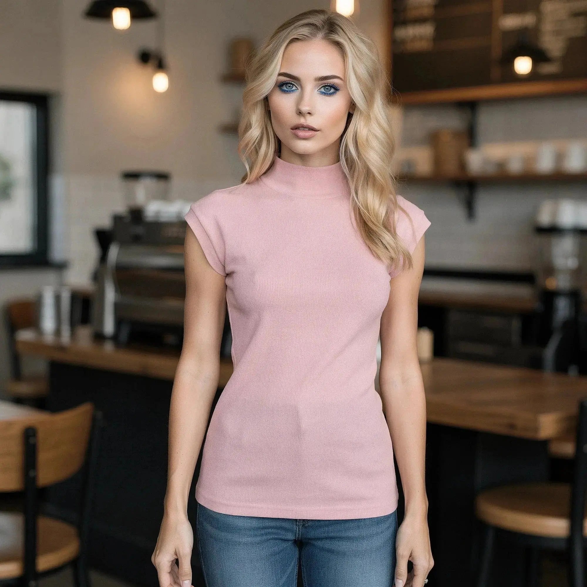 Woman wearing a light pink slim fit turtleneck top, standing in a cafe with a neutral expression