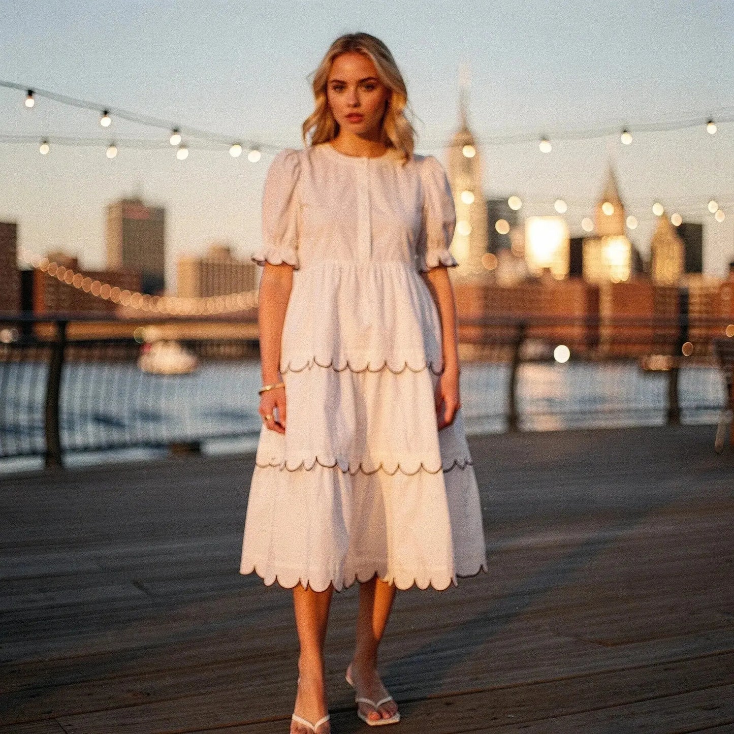 Woman wearing a white A line midi dress with scalloped edges, standing on a boardwalk at sunset