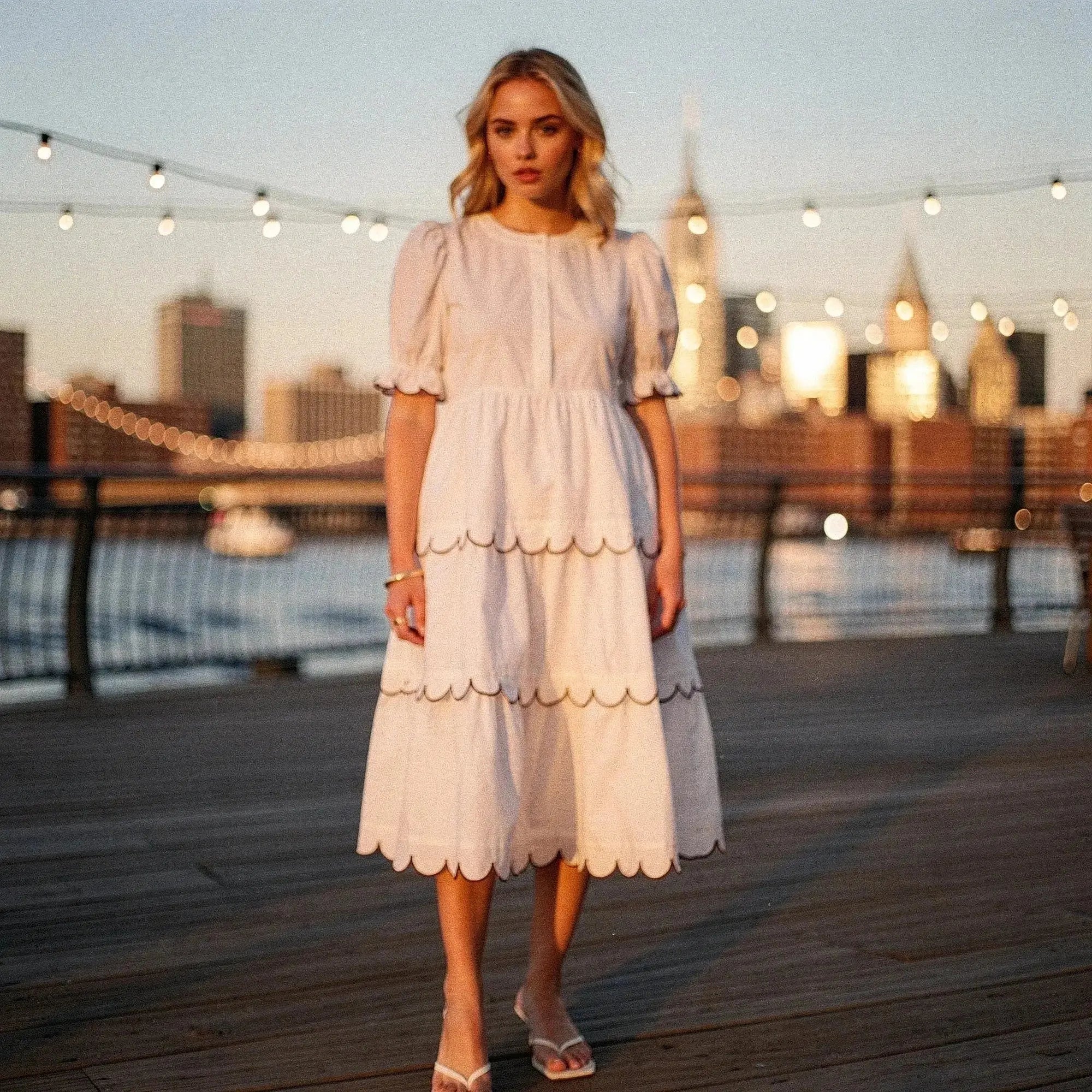 Woman wearing a white A line midi dress with scalloped edges, standing on a boardwalk at sunset