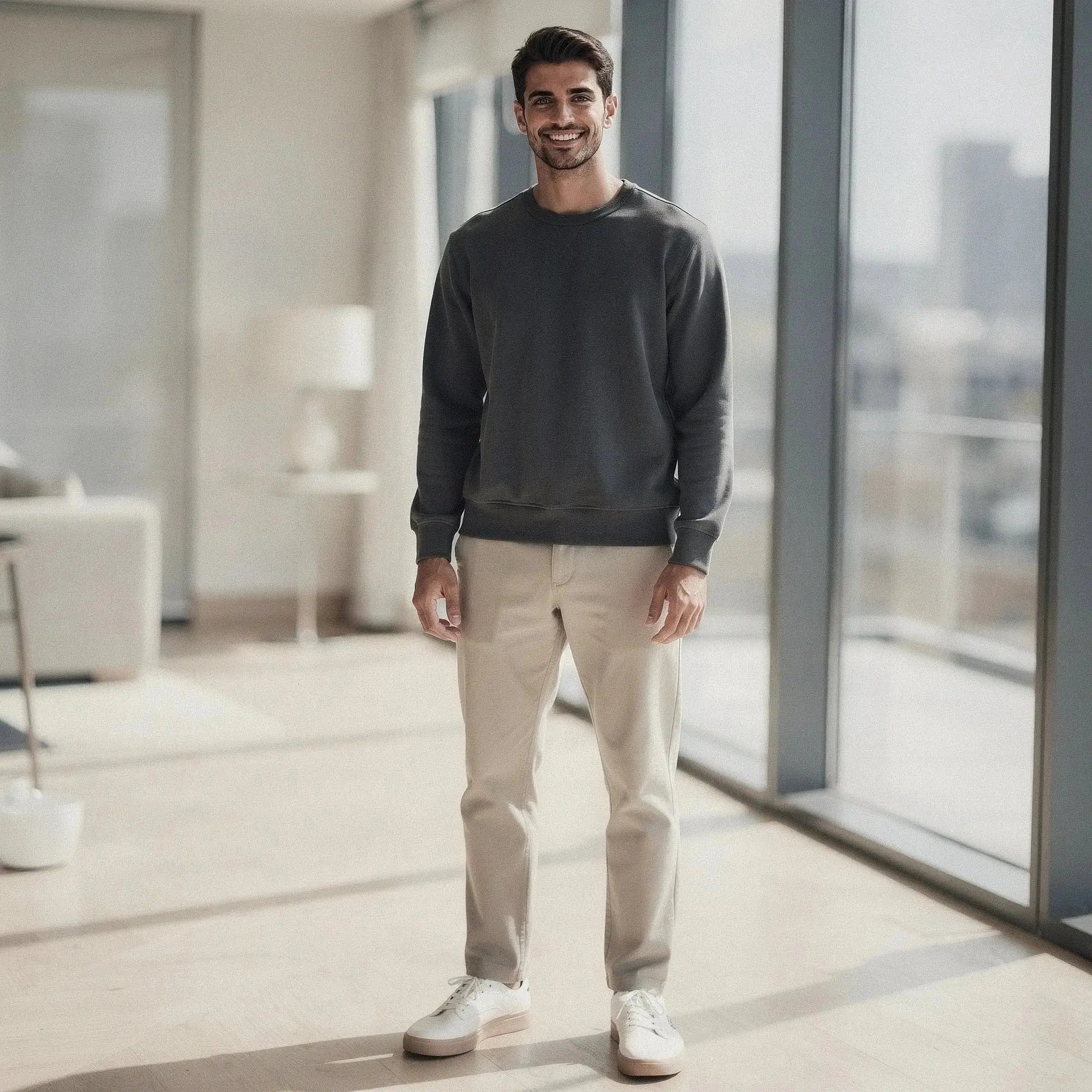 Man wearing dark gray long sleeve sweatshirt and beige pants, standing in bright modern room