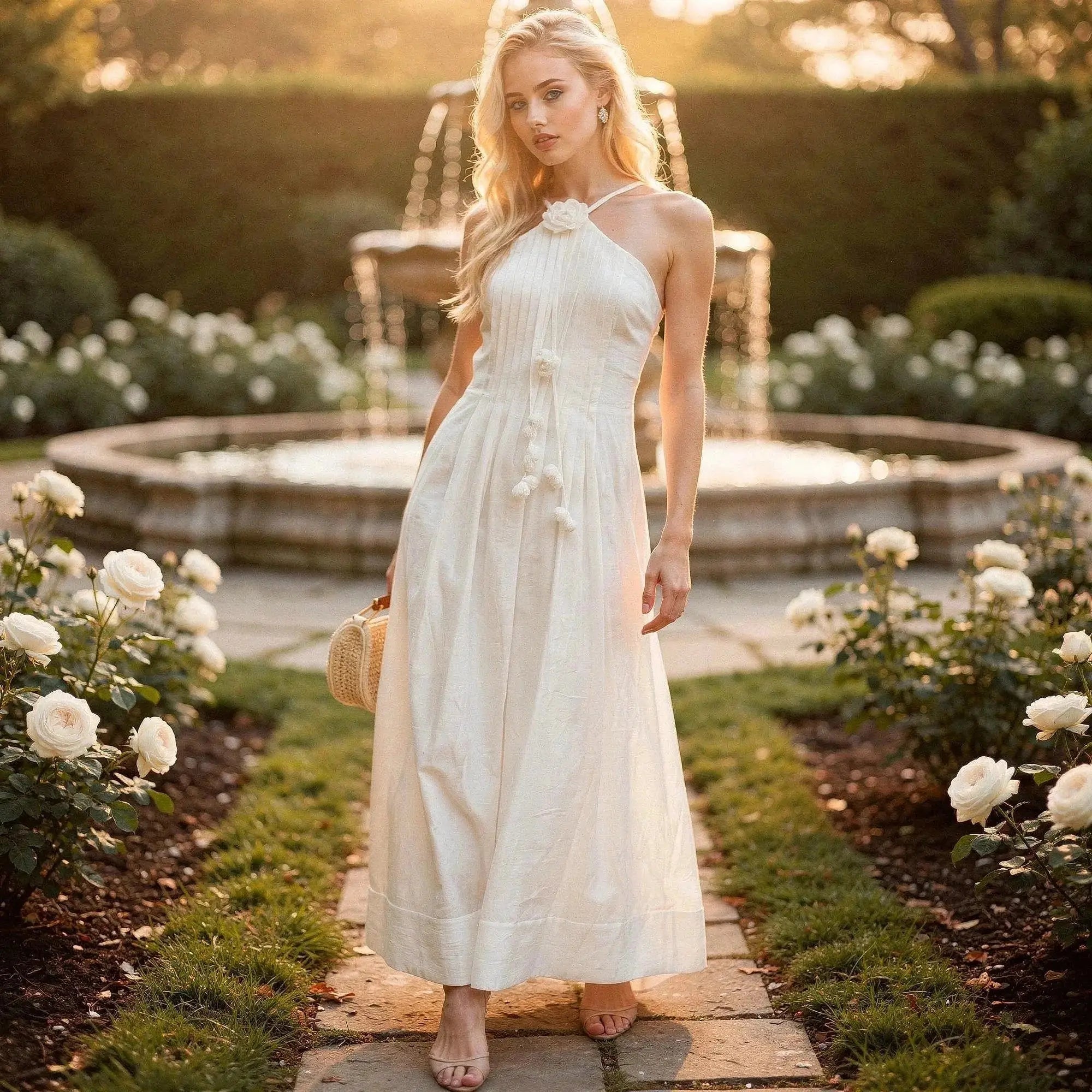 Woman wearing a white halter maxi dress with floral details, standing in a garden near a fountain