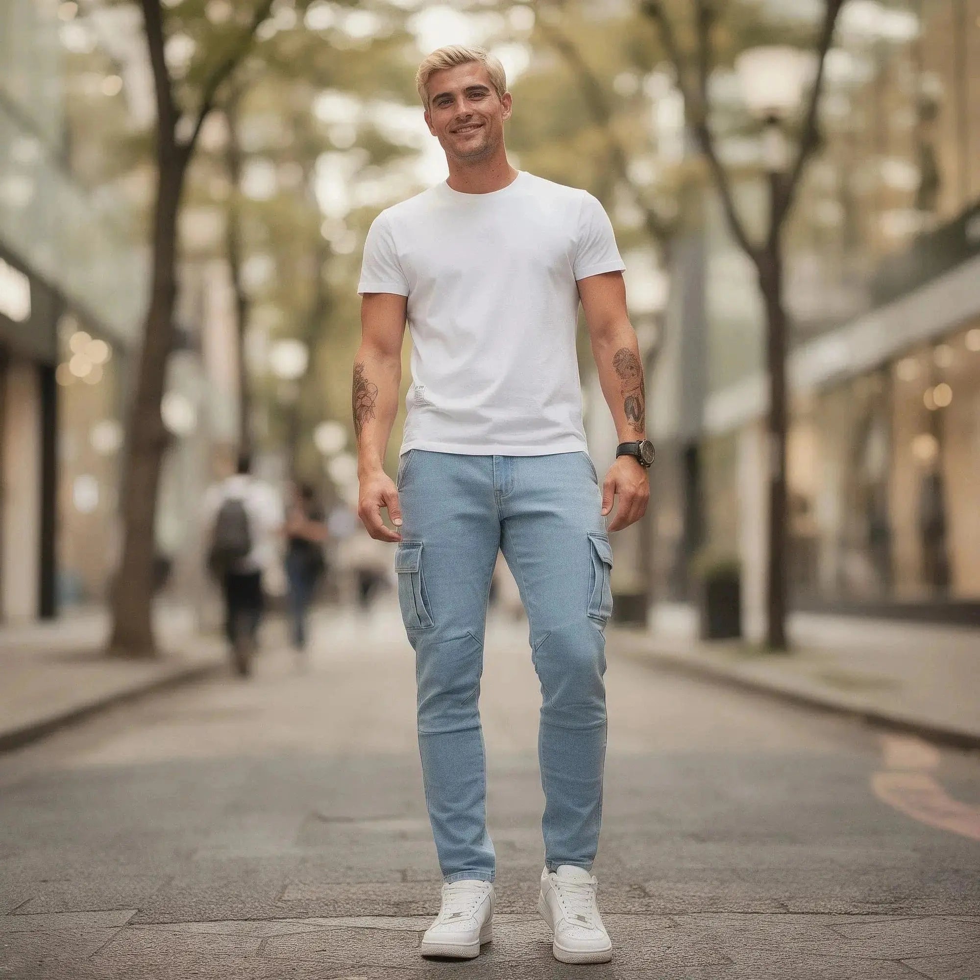 Man wearing light blue slim fit cargo trousers and white t shirt, standing on a city street